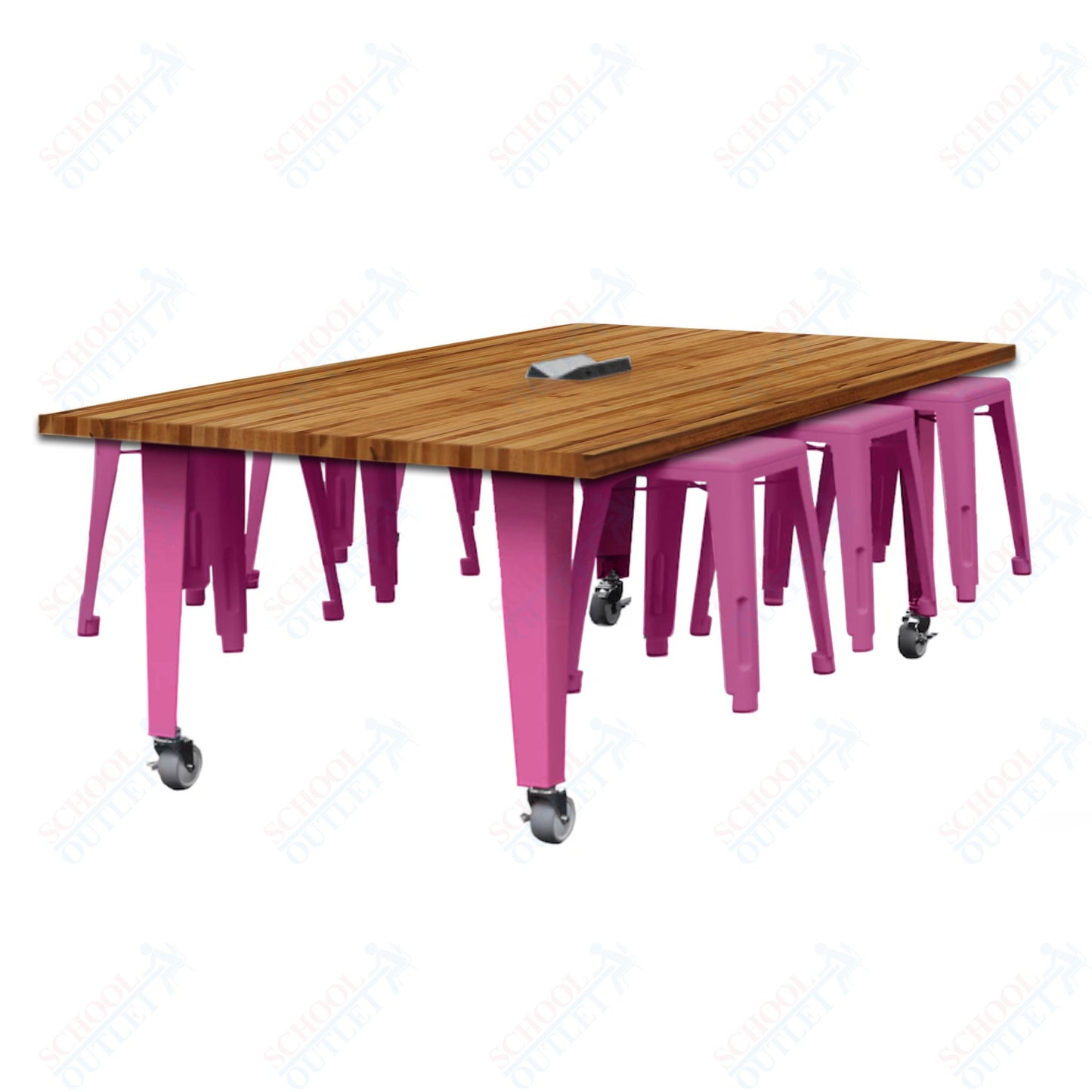 CEF IDEA Island Table 30" Height w/ 6-Seat - Butcher Block Top 84"W x 48"D with Steel Frame, 6 Stools and a Pop-up Dual Dock Electrical Station