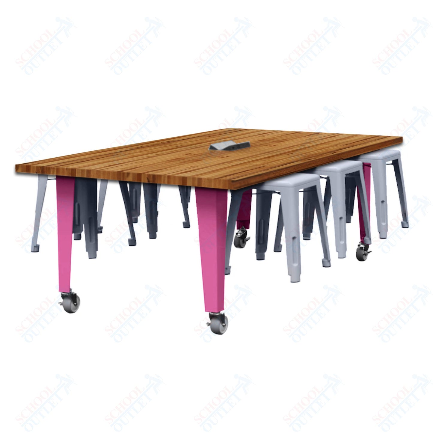 CEF IDEA Island Table 30" Height w/ 6-Seat - Butcher Block Top 84"W x 48"D with Steel Frame, 6 Stools and a Pop-up Dual Dock Electrical Station