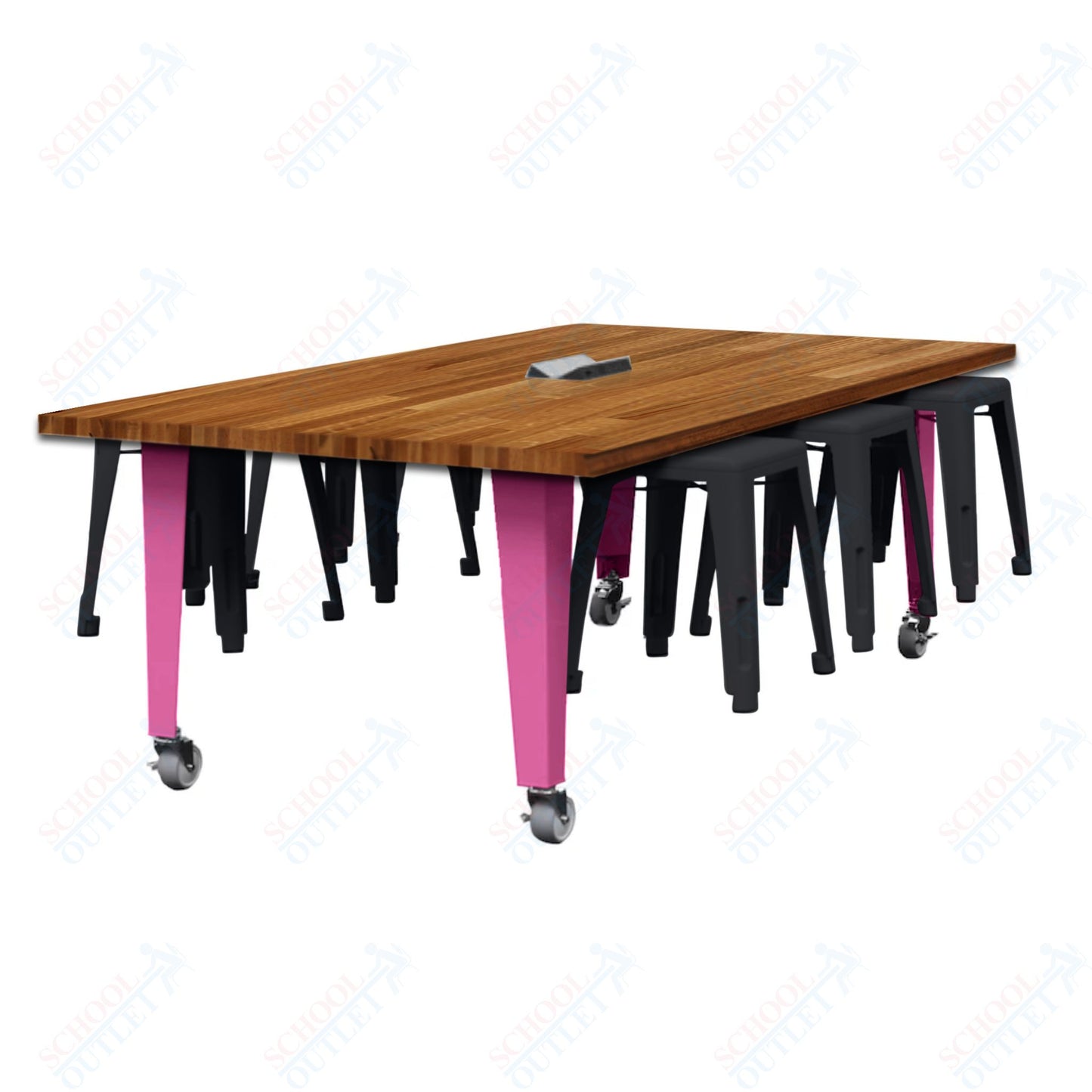 CEF IDEA Island Table 30" Height w/ 6-Seat - Butcher Block Top 84"W x 48"D with Steel Frame, 6 Stools and a Pop-up Dual Dock Electrical Station