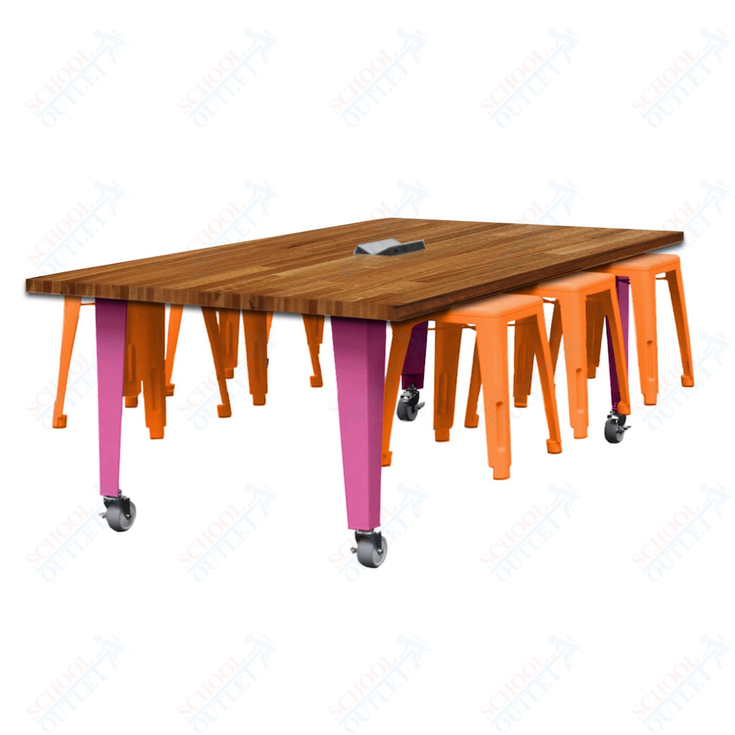 CEF IDEA Island Table 30" Height w/ 6-Seat - Butcher Block Top 84"W x 48"D with Steel Frame, 6 Stools and a Pop-up Dual Dock Electrical Station