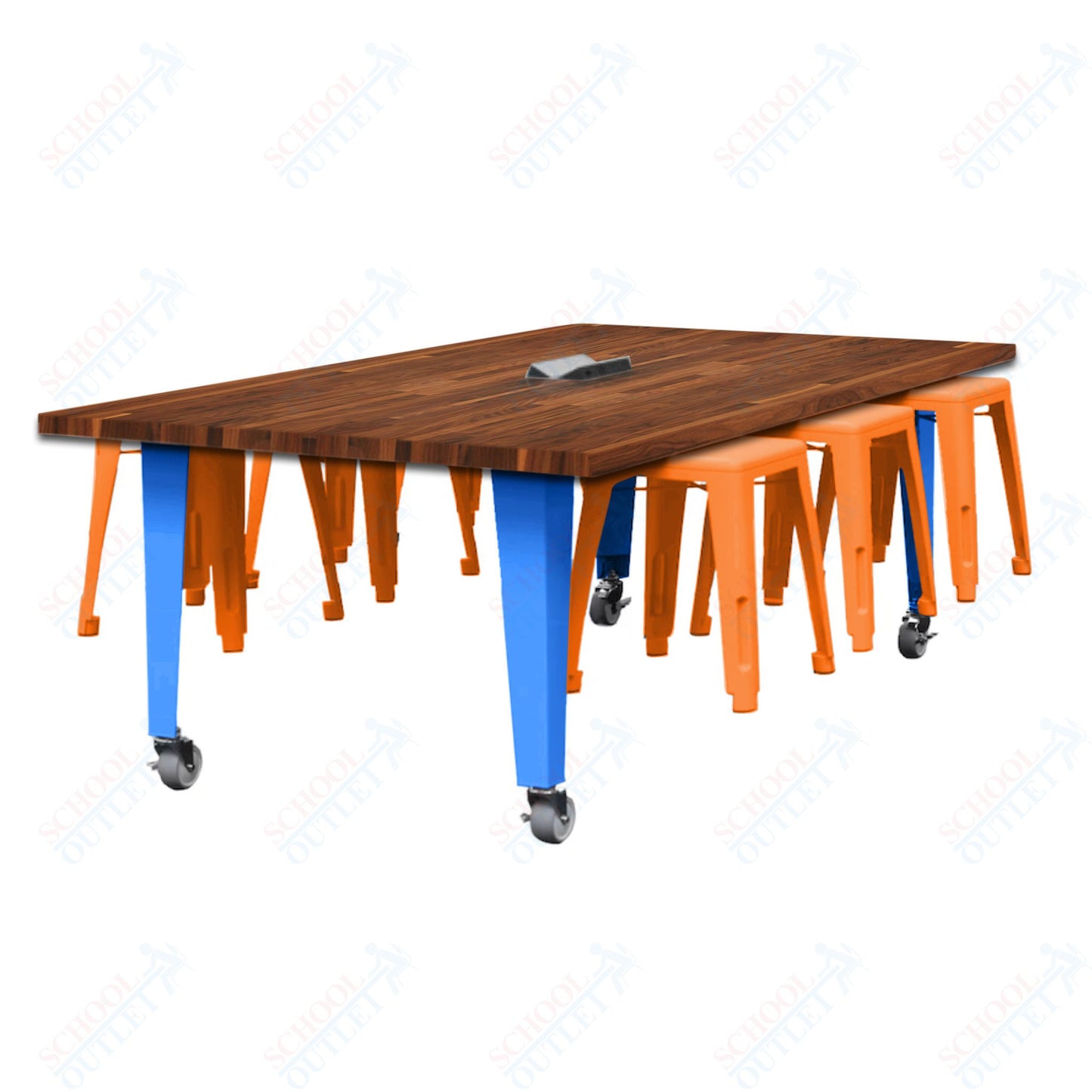 CEF IDEA Island Table 30" Height w/ 6-Seat - Butcher Block Top 84"W x 48"D with Steel Frame, 6 Stools and a Pop-up Dual Dock Electrical Station