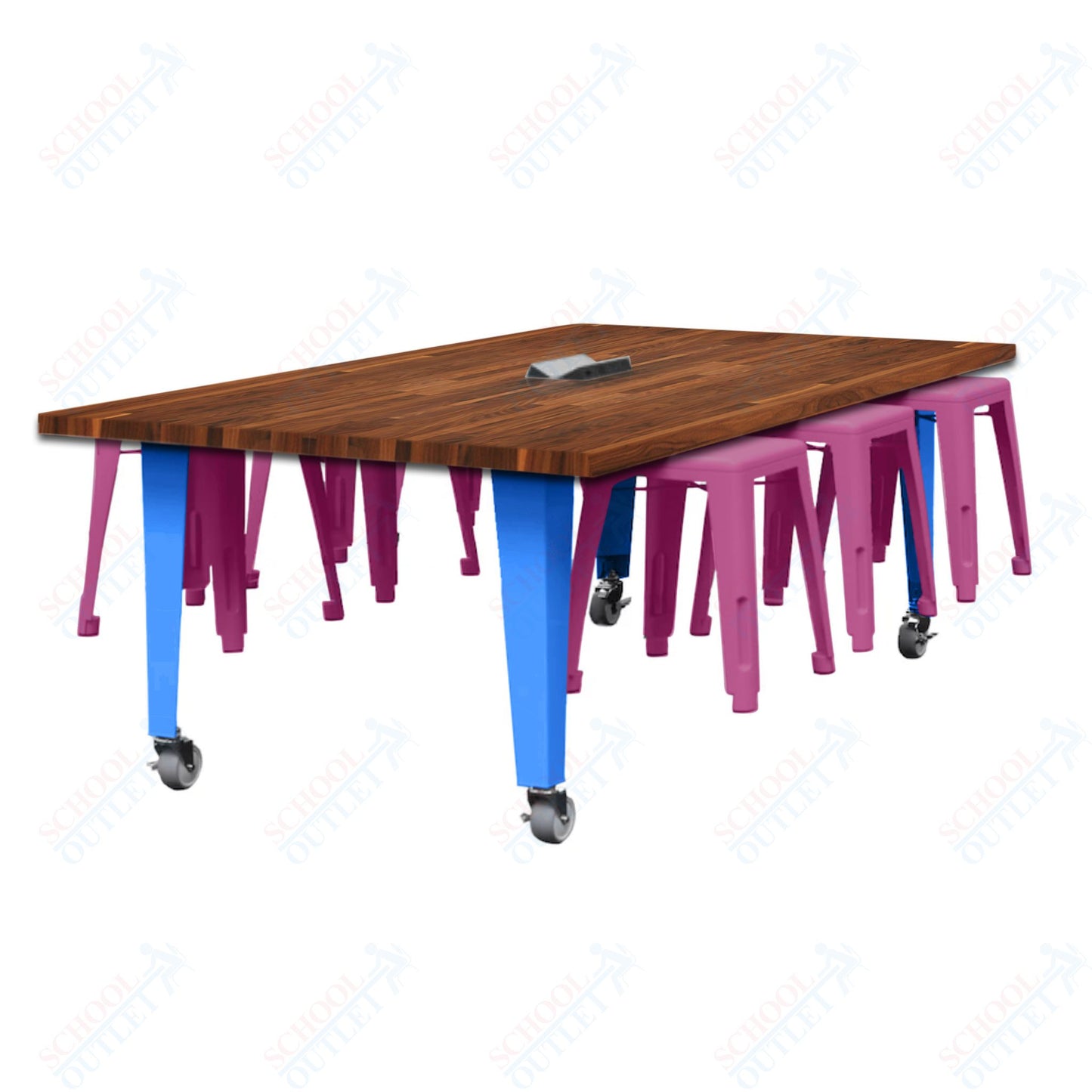 CEF IDEA Island Table 30" Height w/ 6-Seat - Butcher Block Top 84"W x 48"D with Steel Frame, 6 Stools and a Pop-up Dual Dock Electrical Station