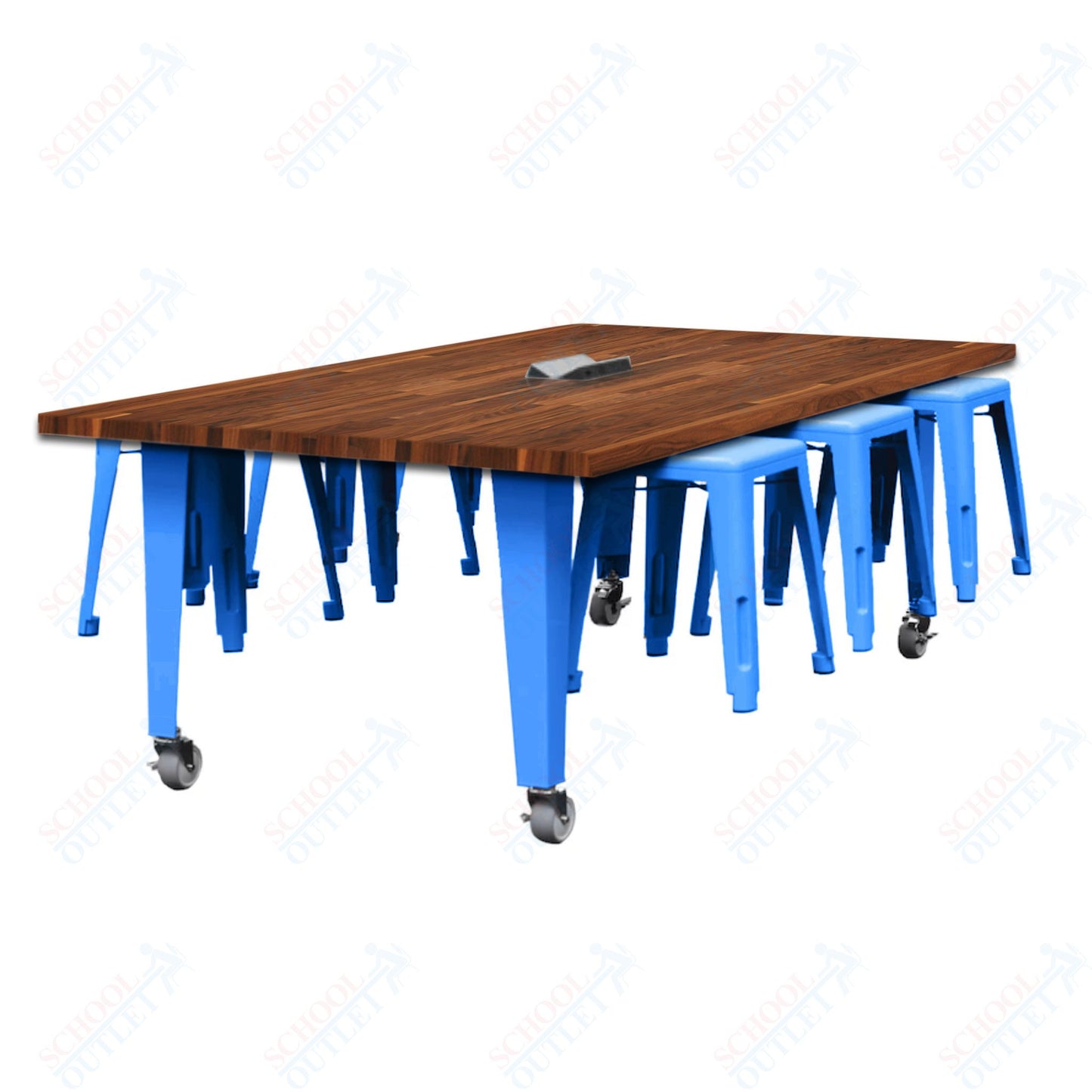 CEF IDEA Island Table 30" Height w/ 6-Seat - Butcher Block Top 84"W x 48"D with Steel Frame, 6 Stools and a Pop-up Dual Dock Electrical Station