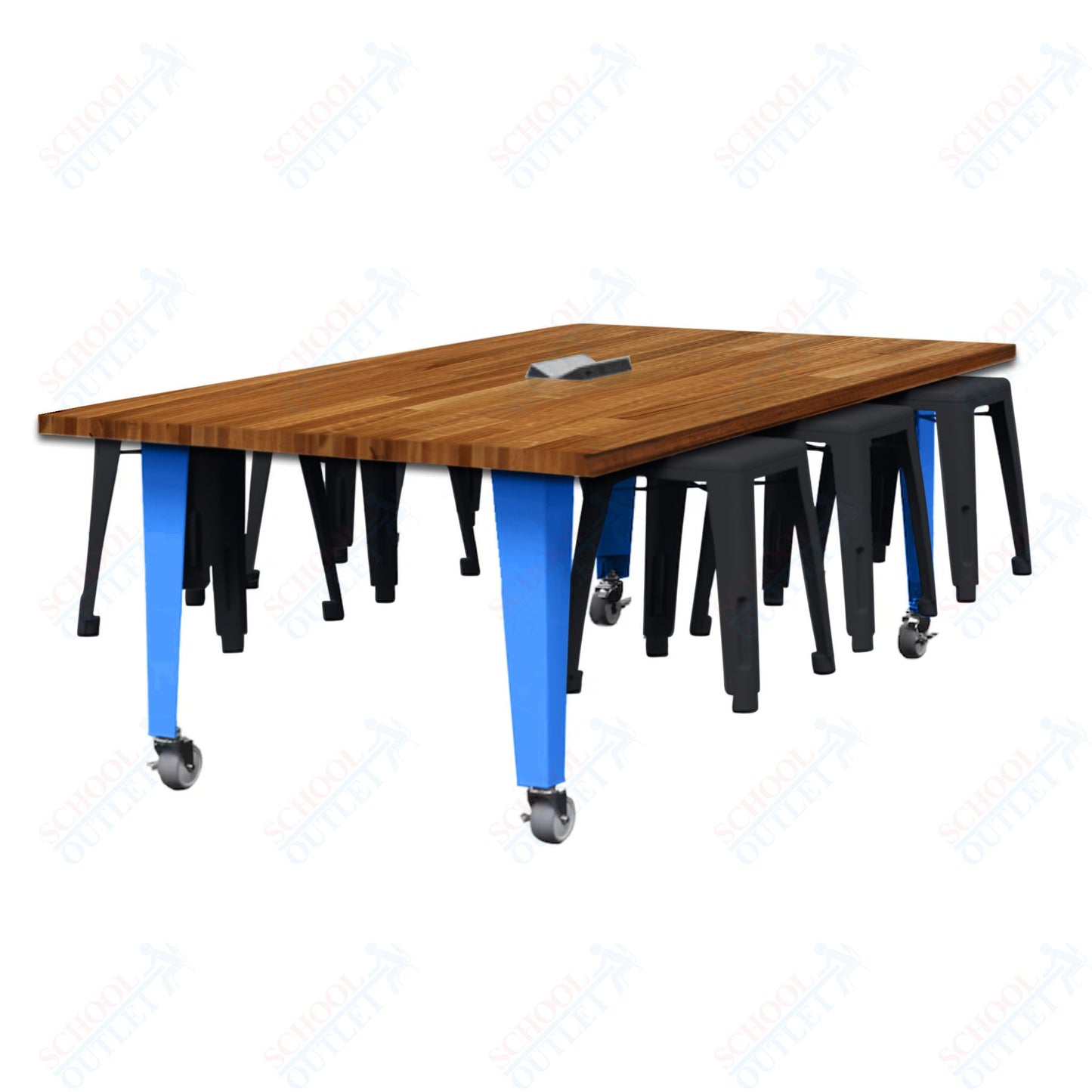 CEF IDEA Island Table 30" Height w/ 6-Seat - Butcher Block Top 84"W x 48"D with Steel Frame, 6 Stools and a Pop-up Dual Dock Electrical Station