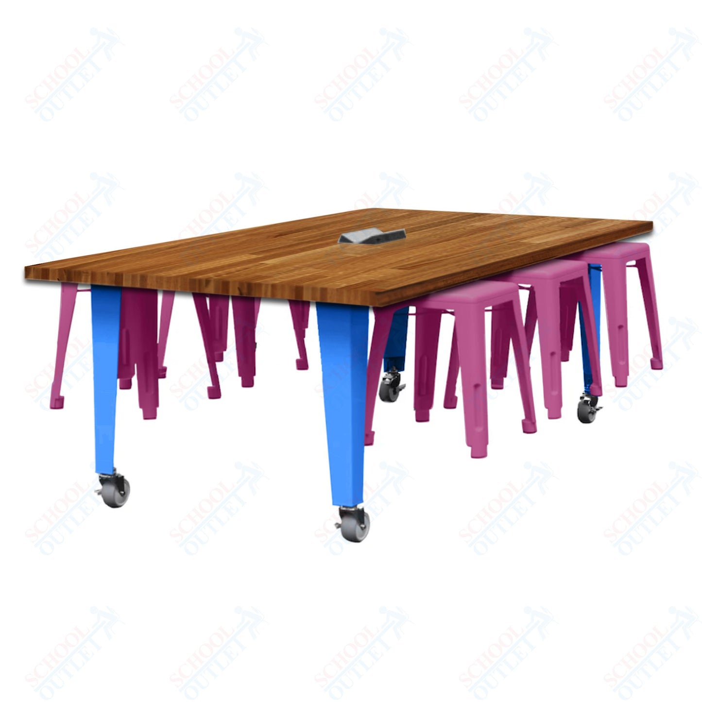 CEF IDEA Island Table 30" Height w/ 6-Seat - Butcher Block Top 84"W x 48"D with Steel Frame, 6 Stools and a Pop-up Dual Dock Electrical Station