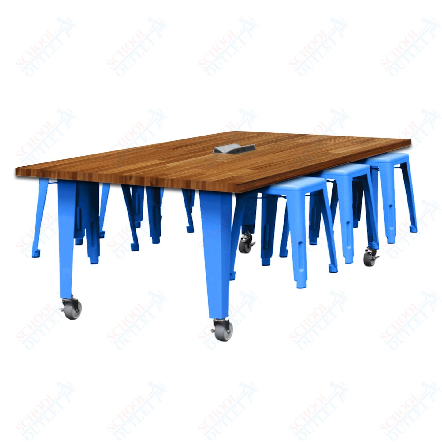 CEF IDEA Island Table 30" Height w/ 6-Seat - Butcher Block Top 84"W x 48"D with Steel Frame, 6 Stools and a Pop-up Dual Dock Electrical Station