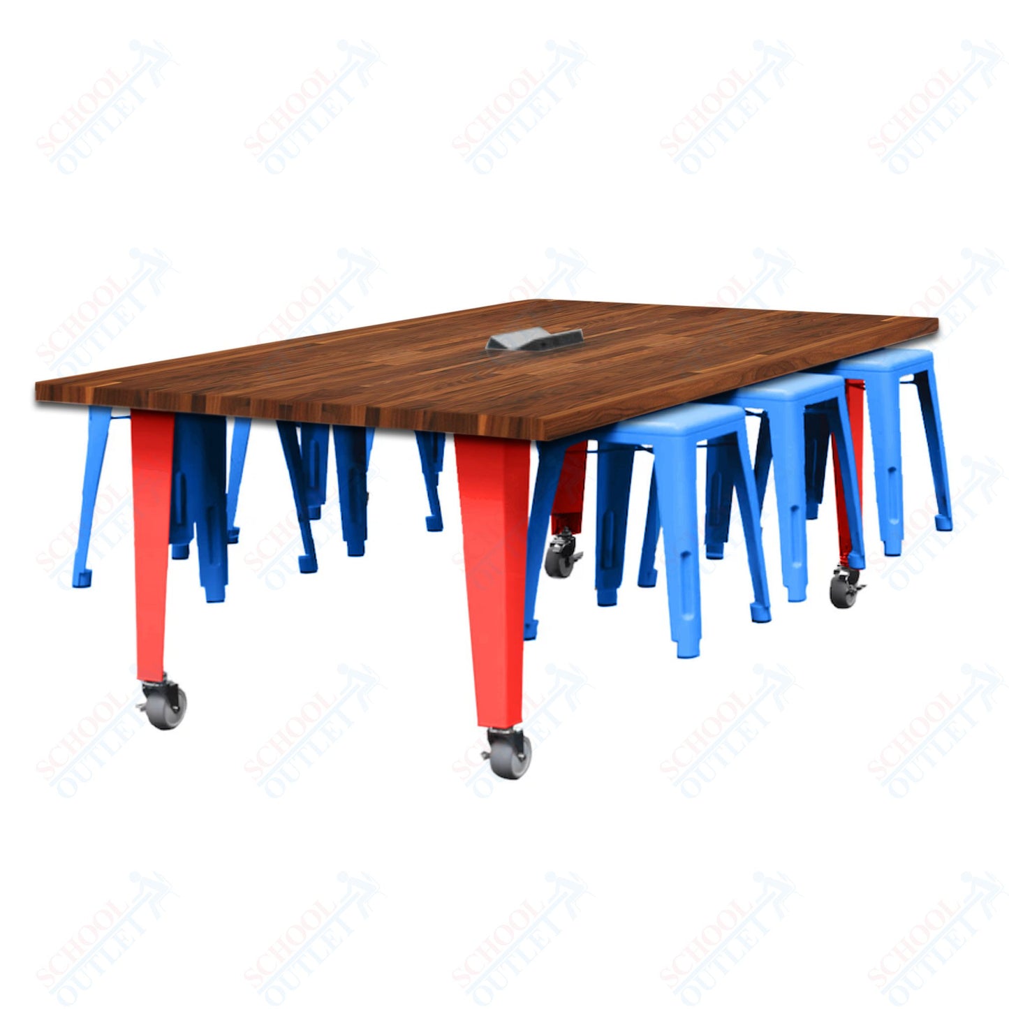 CEF IDEA Island Table 30" Height w/ 6-Seat - Butcher Block Top 84"W x 48"D with Steel Frame, 6 Stools and a Pop-up Dual Dock Electrical Station