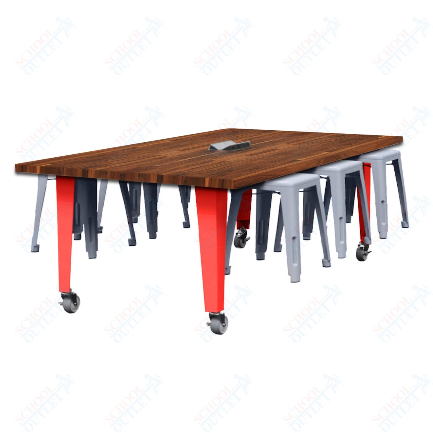 CEF IDEA Island Table 30" Height w/ 6-Seat - Butcher Block Top 84"W x 48"D with Steel Frame, 6 Stools and a Pop-up Dual Dock Electrical Station