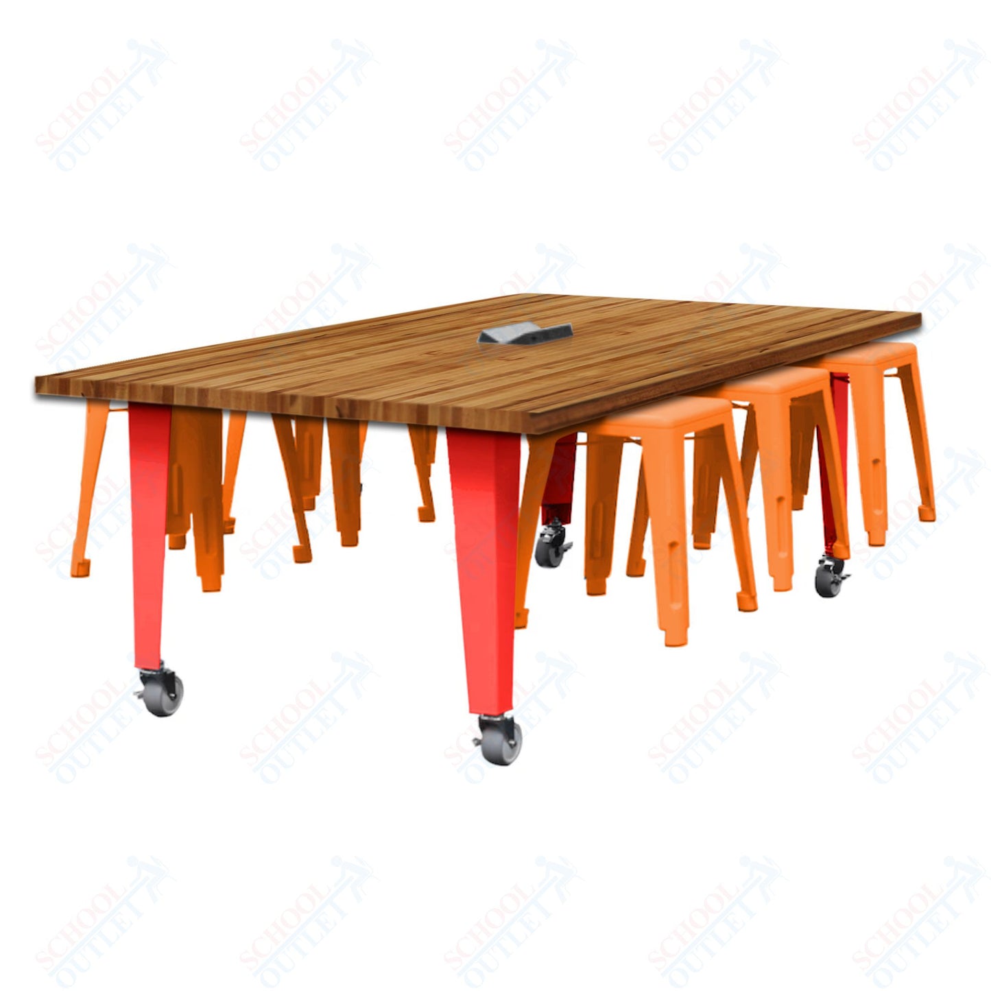 CEF IDEA Island Table 30" Height w/ 6-Seat - Butcher Block Top 84"W x 48"D with Steel Frame, 6 Stools and a Pop-up Dual Dock Electrical Station