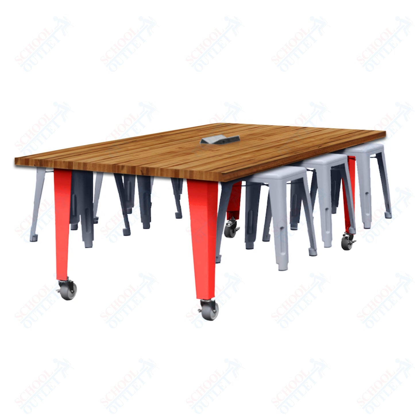 CEF IDEA Island Table 30" Height w/ 6-Seat - Butcher Block Top 84"W x 48"D with Steel Frame, 6 Stools and a Pop-up Dual Dock Electrical Station