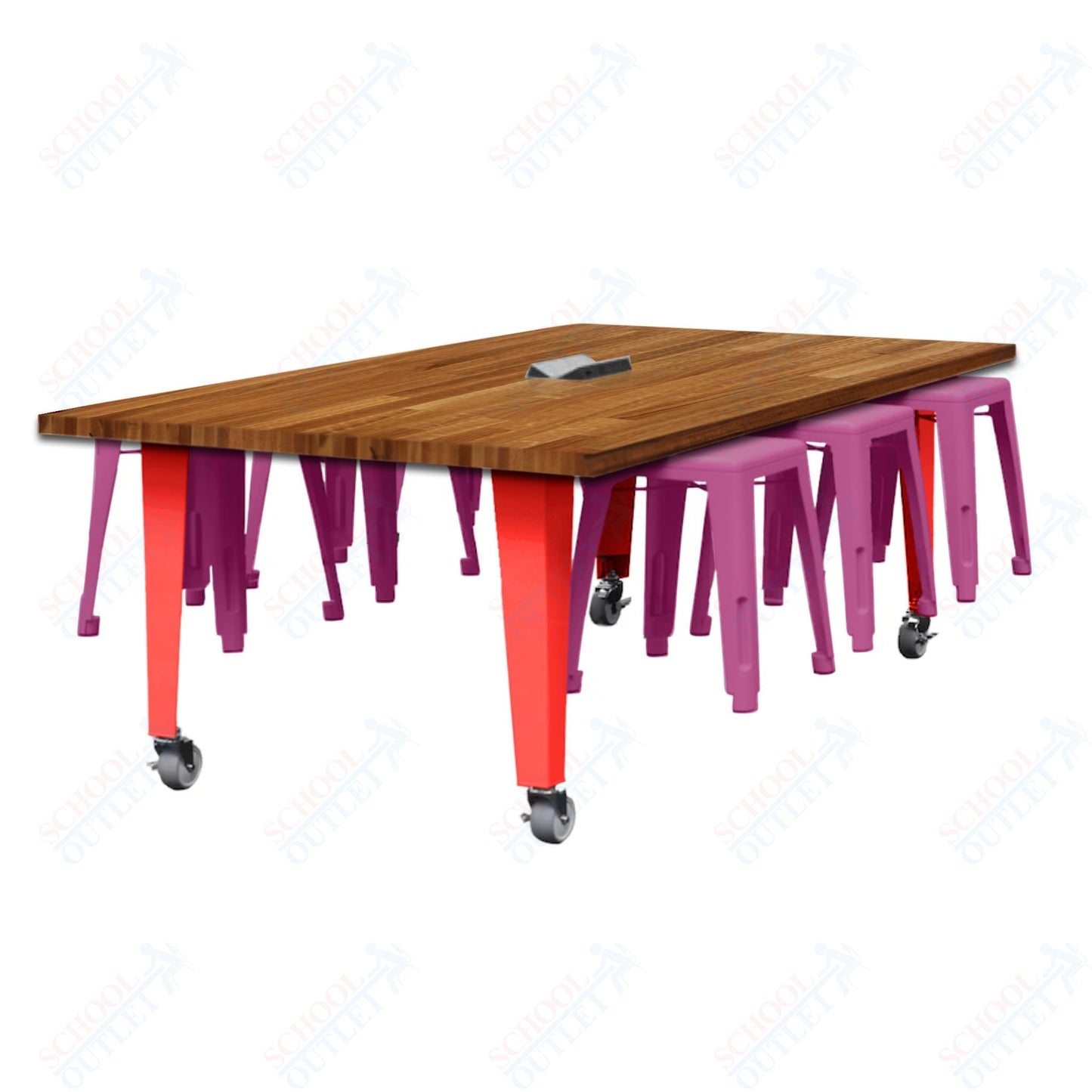 CEF IDEA Island Table 30" Height w/ 6-Seat - Butcher Block Top 84"W x 48"D with Steel Frame, 6 Stools and a Pop-up Dual Dock Electrical Station