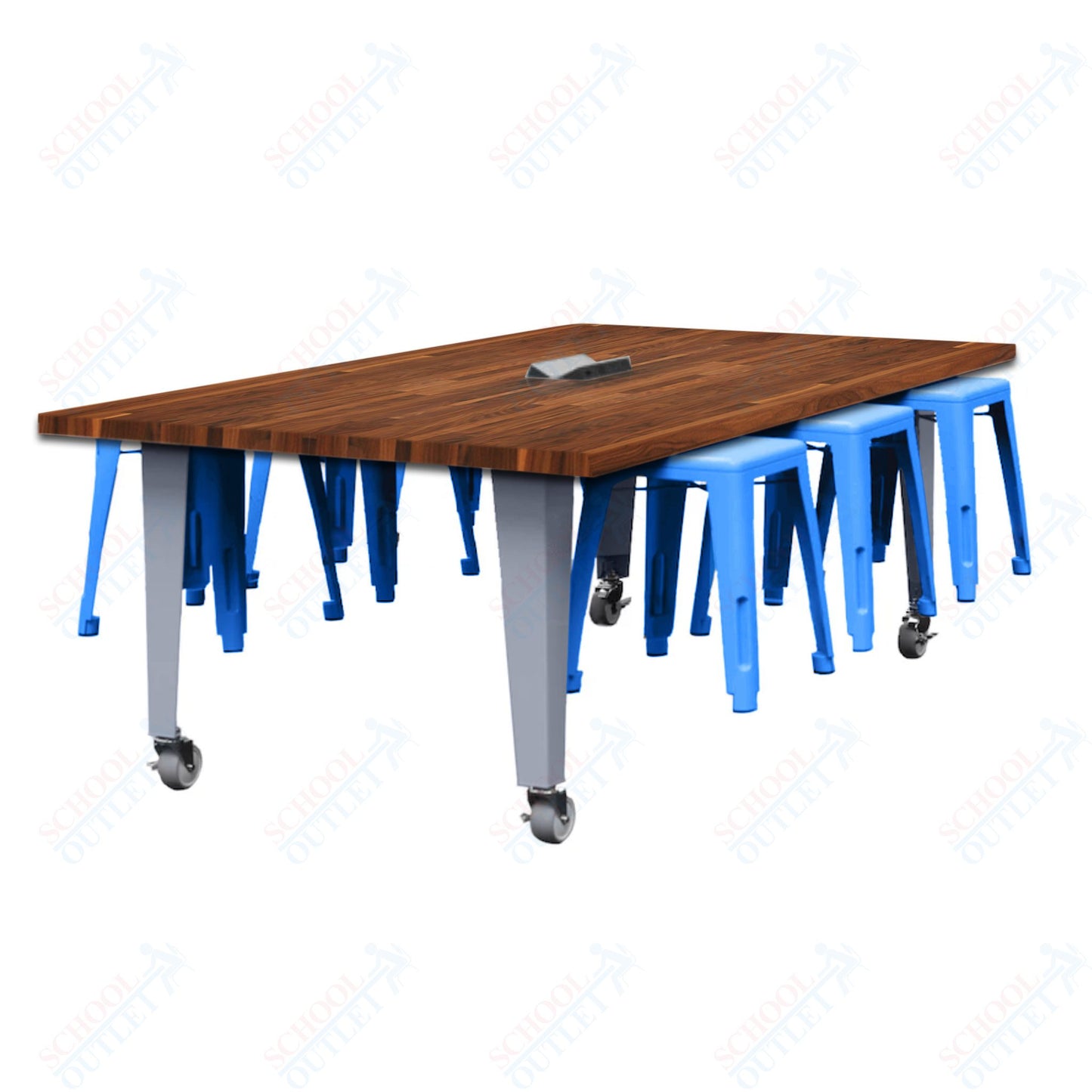 CEF IDEA Island Table 30" Height w/ 6-Seat - Butcher Block Top 84"W x 48"D with Steel Frame, 6 Stools and a Pop-up Dual Dock Electrical Station