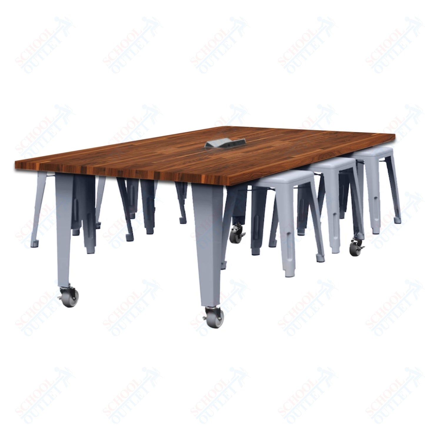 CEF IDEA Island Table 30" Height w/ 6-Seat - Butcher Block Top 84"W x 48"D with Steel Frame, 6 Stools and a Pop-up Dual Dock Electrical Station