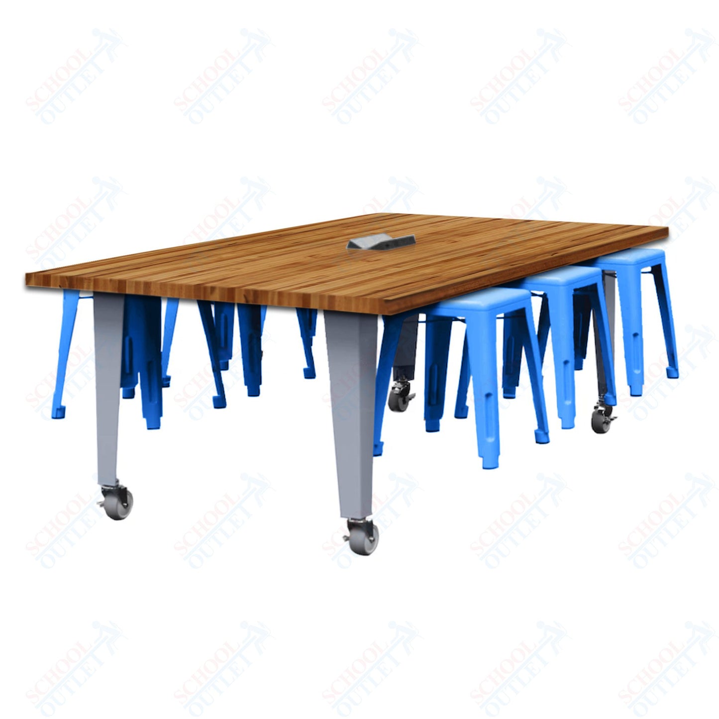 CEF IDEA Island Table 30" Height w/ 6-Seat - Butcher Block Top 84"W x 48"D with Steel Frame, 6 Stools and a Pop-up Dual Dock Electrical Station