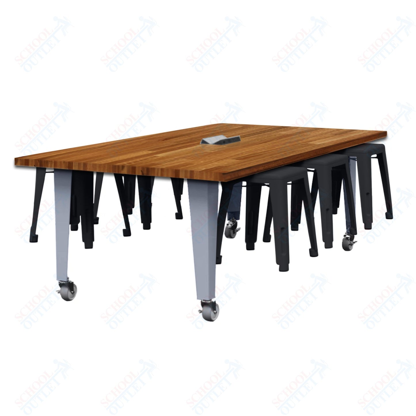 CEF IDEA Island Table 30" Height w/ 6-Seat - Butcher Block Top 84"W x 48"D with Steel Frame, 6 Stools and a Pop-up Dual Dock Electrical Station