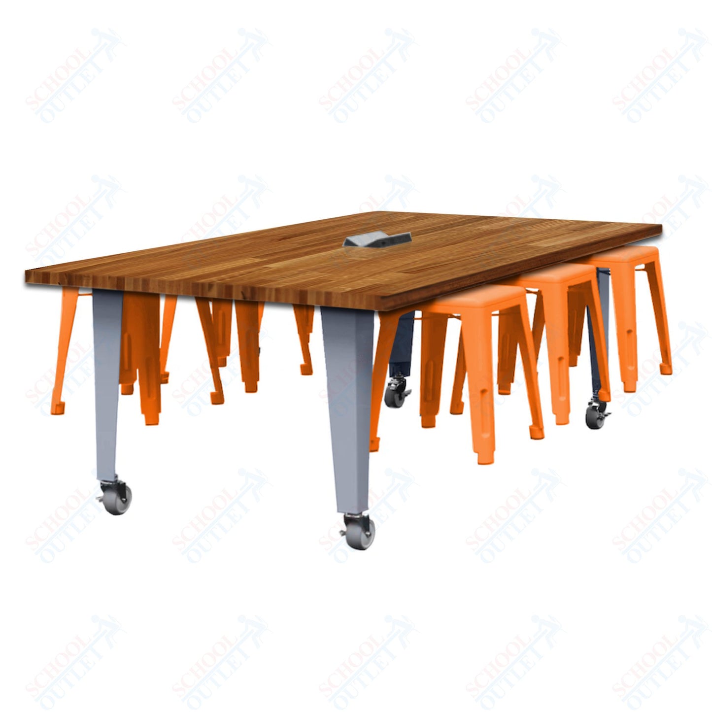 CEF IDEA Island Table 30" Height w/ 6-Seat - Butcher Block Top 84"W x 48"D with Steel Frame, 6 Stools and a Pop-up Dual Dock Electrical Station