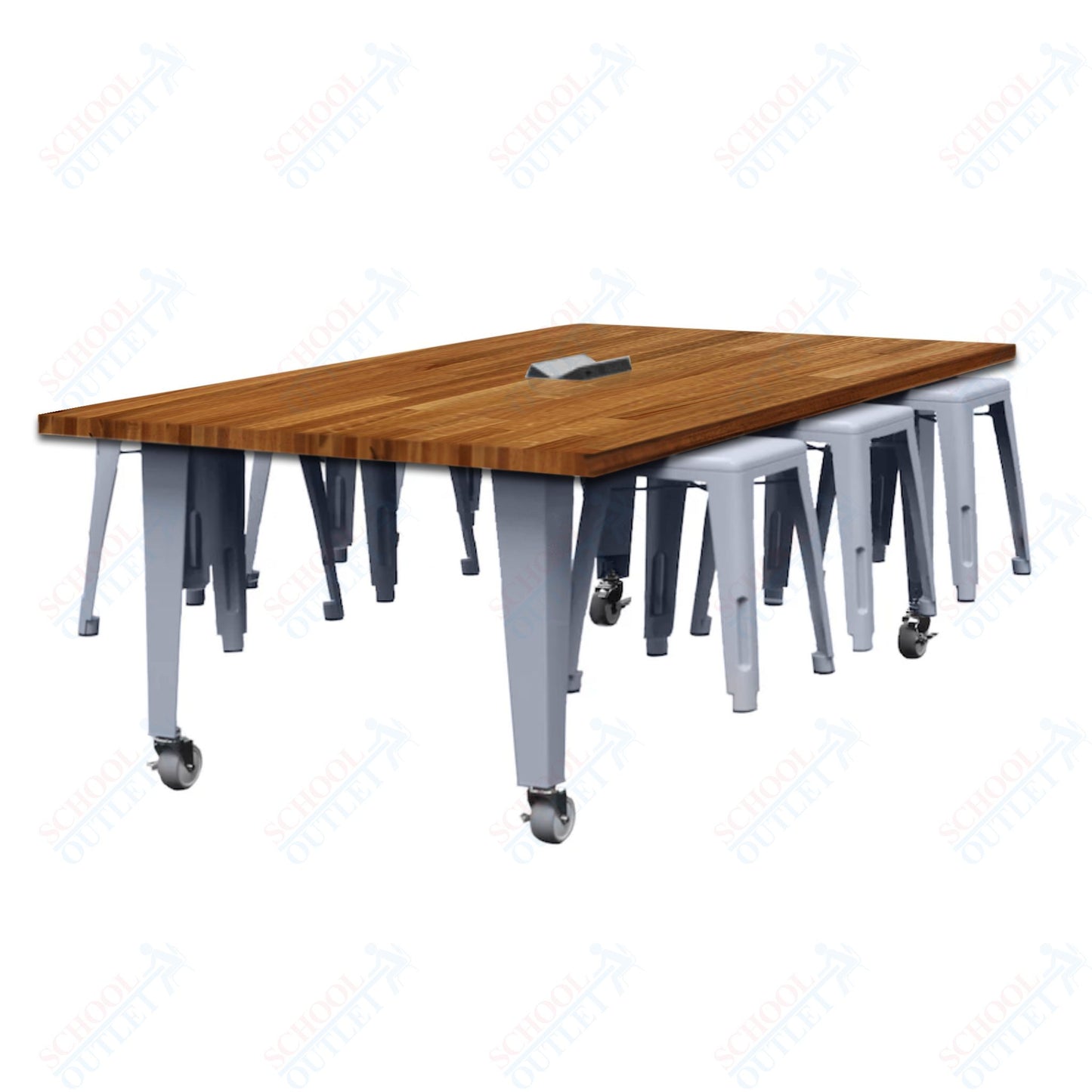 CEF IDEA Island Table 30" Height w/ 6-Seat - Butcher Block Top 84"W x 48"D with Steel Frame, 6 Stools and a Pop-up Dual Dock Electrical Station