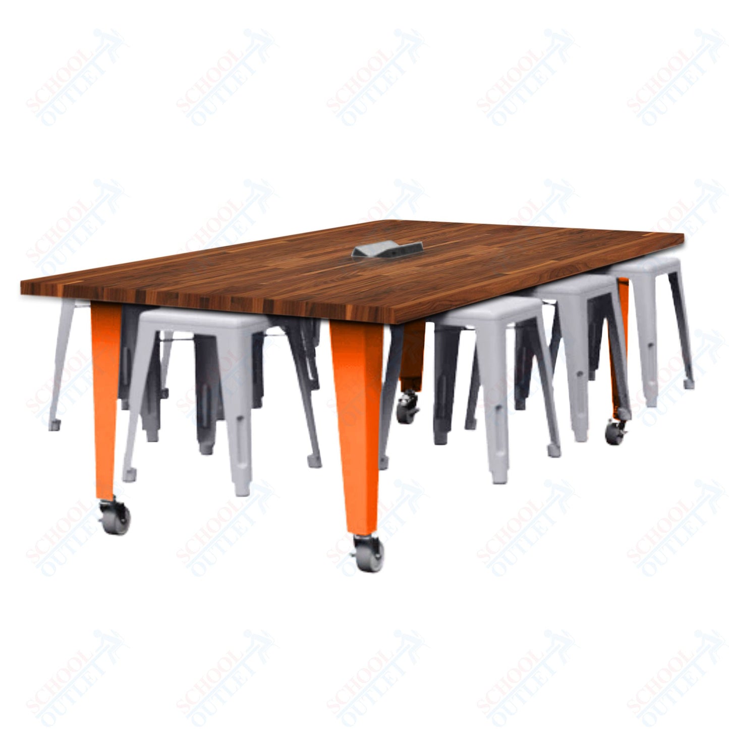 CEF IDEA Island Table 30" Height w/ 8-Seat - Butcher Block Top 84"W x 48"D with Steel Frame, 8 Stools and a Pop-up Dual Dock Electrical Station