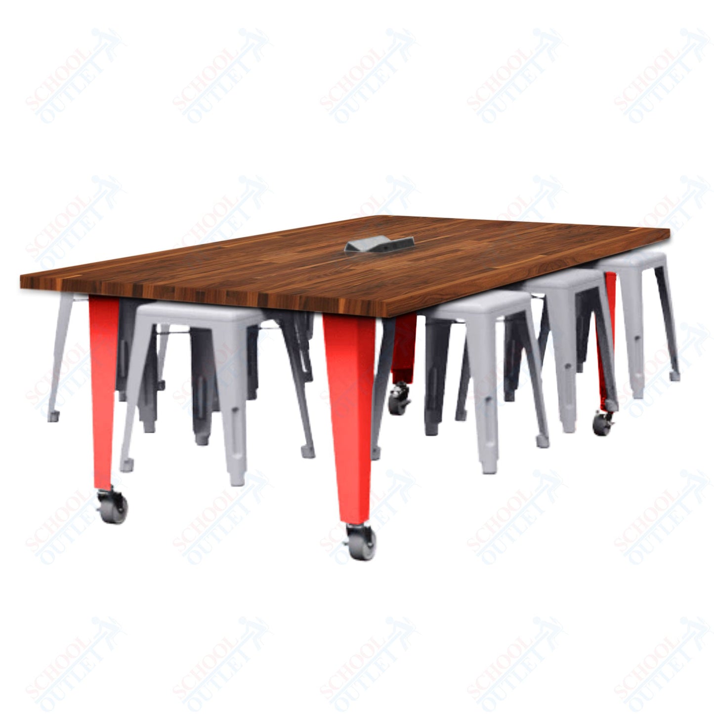 CEF IDEA Island Table 30" Height w/ 8-Seat - Butcher Block Top 84"W x 48"D with Steel Frame, 8 Stools and a Pop-up Dual Dock Electrical Station
