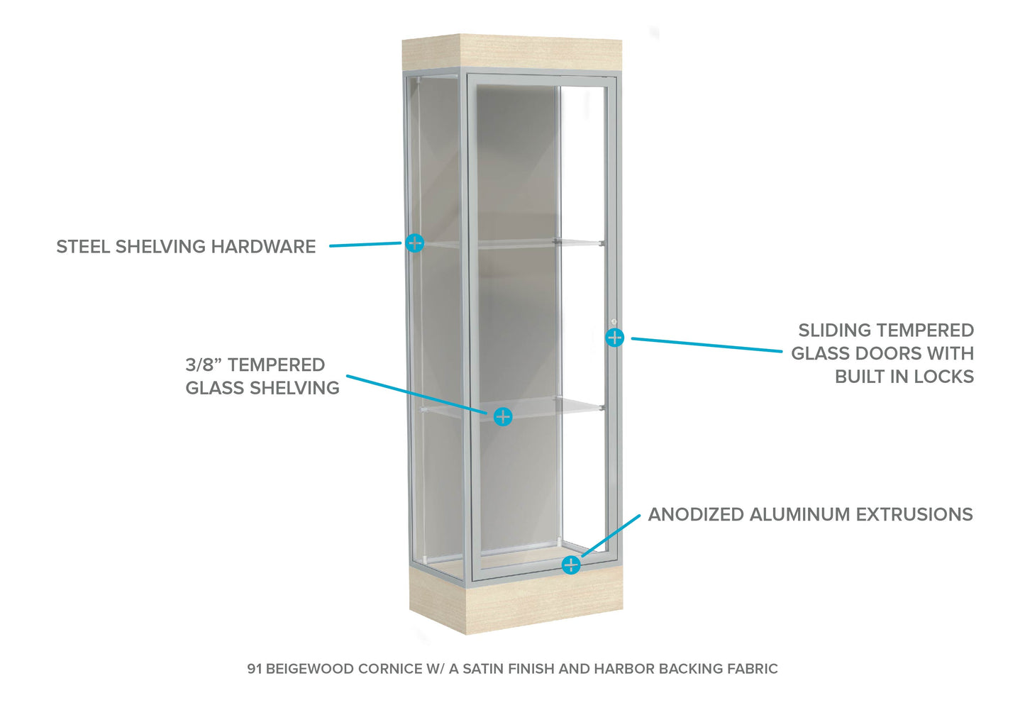 Ghent Edge Floor Display Case Lighted 6"H Laminate Base Finish, Aluminum Frame - 76"H x 48"W x 20"D (92LFXX)