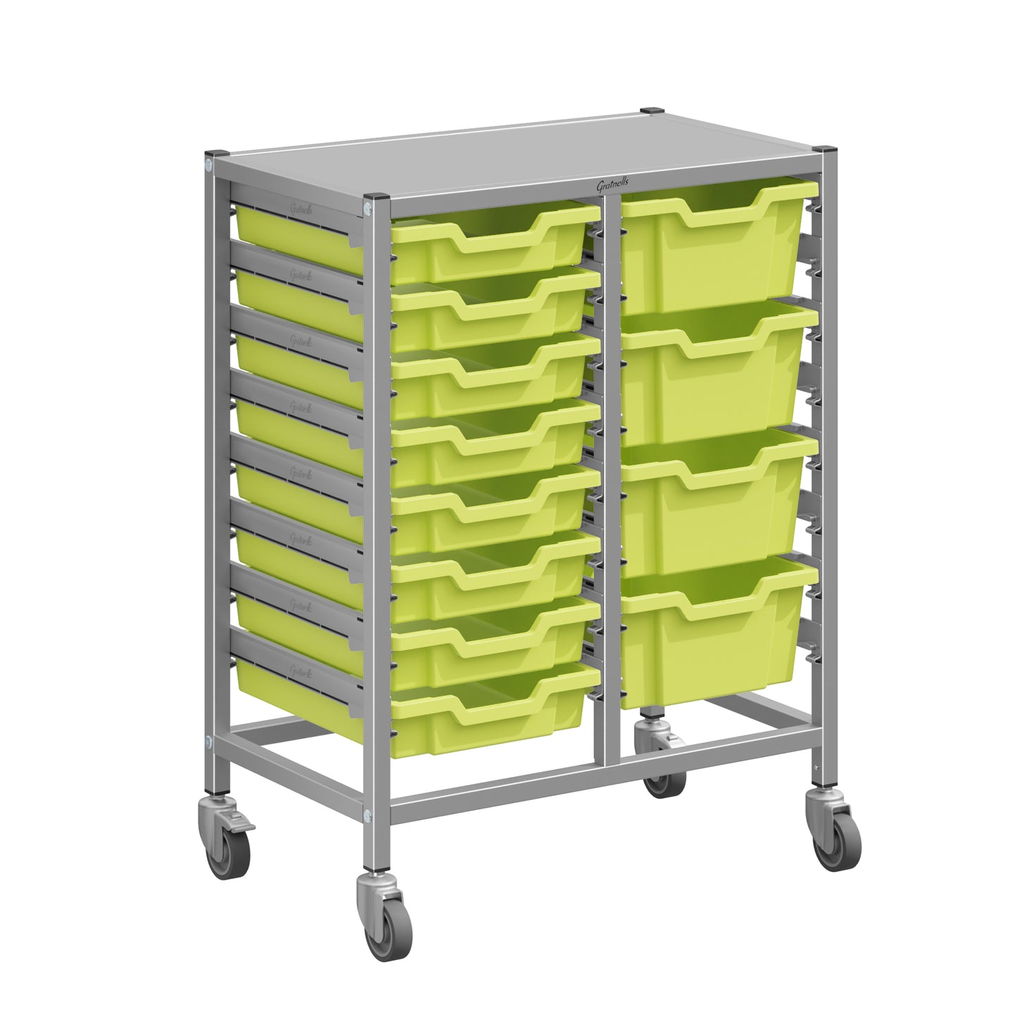Gratnells Dynamis Lab & Healthcare Mid Double Cart Silver with Casters and 8 Shallow|4 Deep Trays (GRA-DYAM244-XX-004)