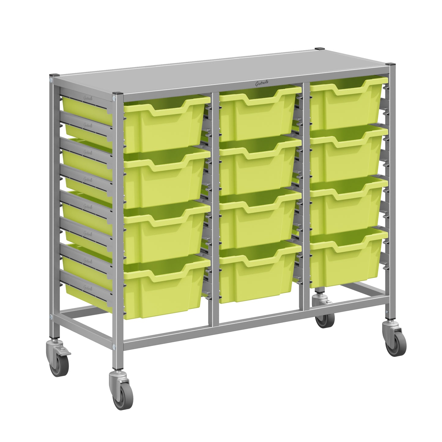 Gratnells Dynamis Lab & Healthcare Mid Triple Cart Silver with Casters and 12 Deep Trays (GRA-DYAM344-XX-002)