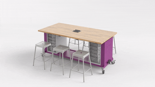 Haskell Education Rover Table with Butcher Block Retractable top, 2 Bin Storage Modules with Bins, 6 Stools, Power Unit (RVISEBxxxB)