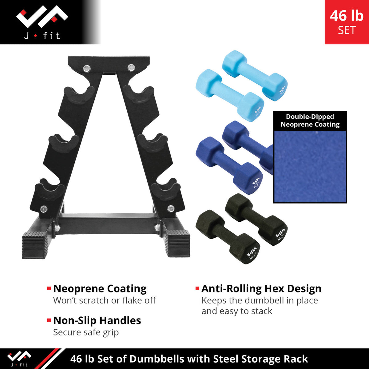 Champion Sports JFIT Dumbbell Set with Metal Storage Stand 46 lb (CMP-J-DBSTL46)