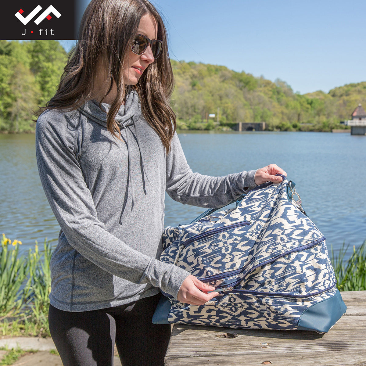 Champion Sports JFIT Maureen Ikat Expandable Travel Tote Bag Navy Cream 14"W x 19"L x 9"H (CMP-J-MAUREEN)