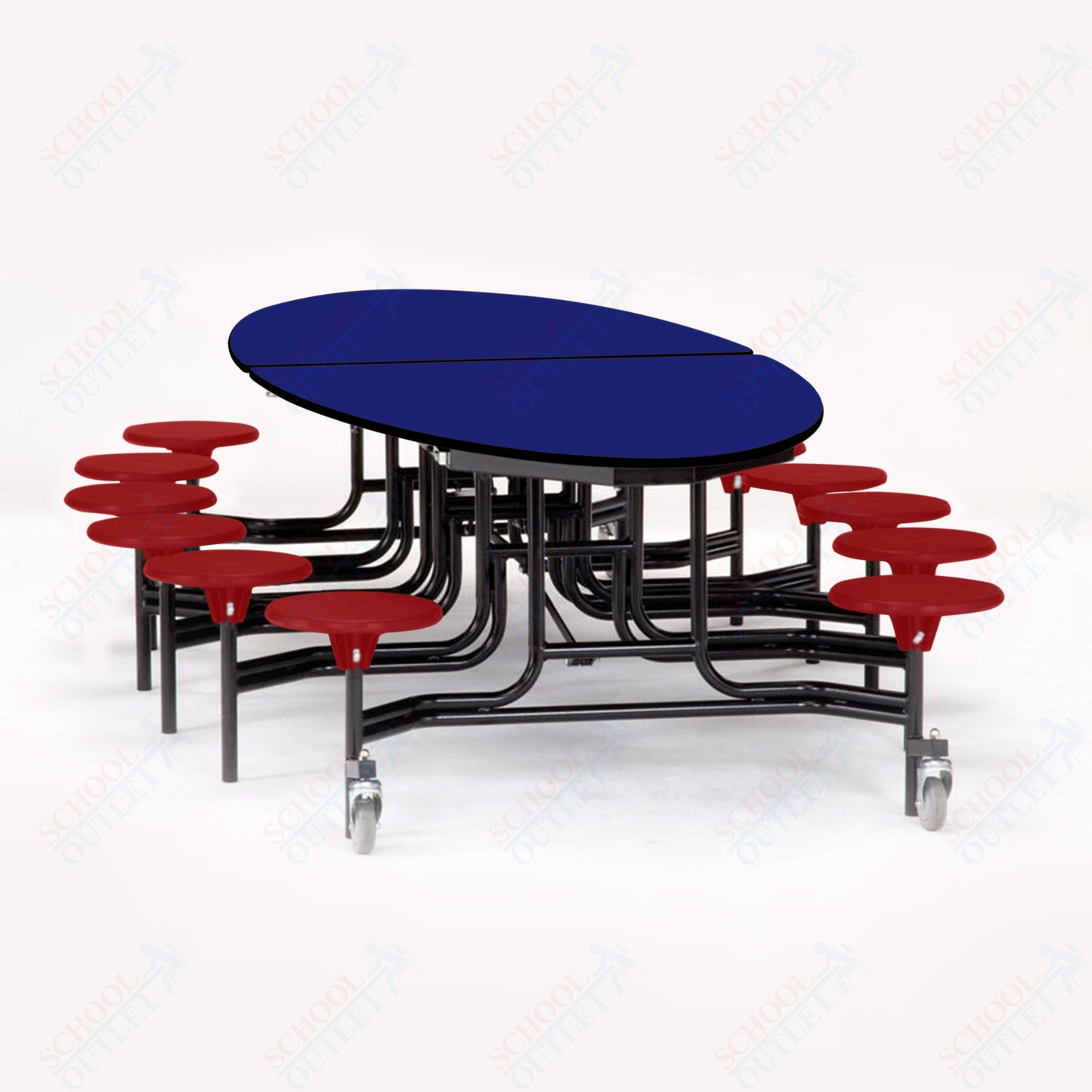 NPS 10' Elliptical Mobile Cafeteria Table - 12 Stools  - MDF Core - Protect Edge - Black Powdercoated Frame