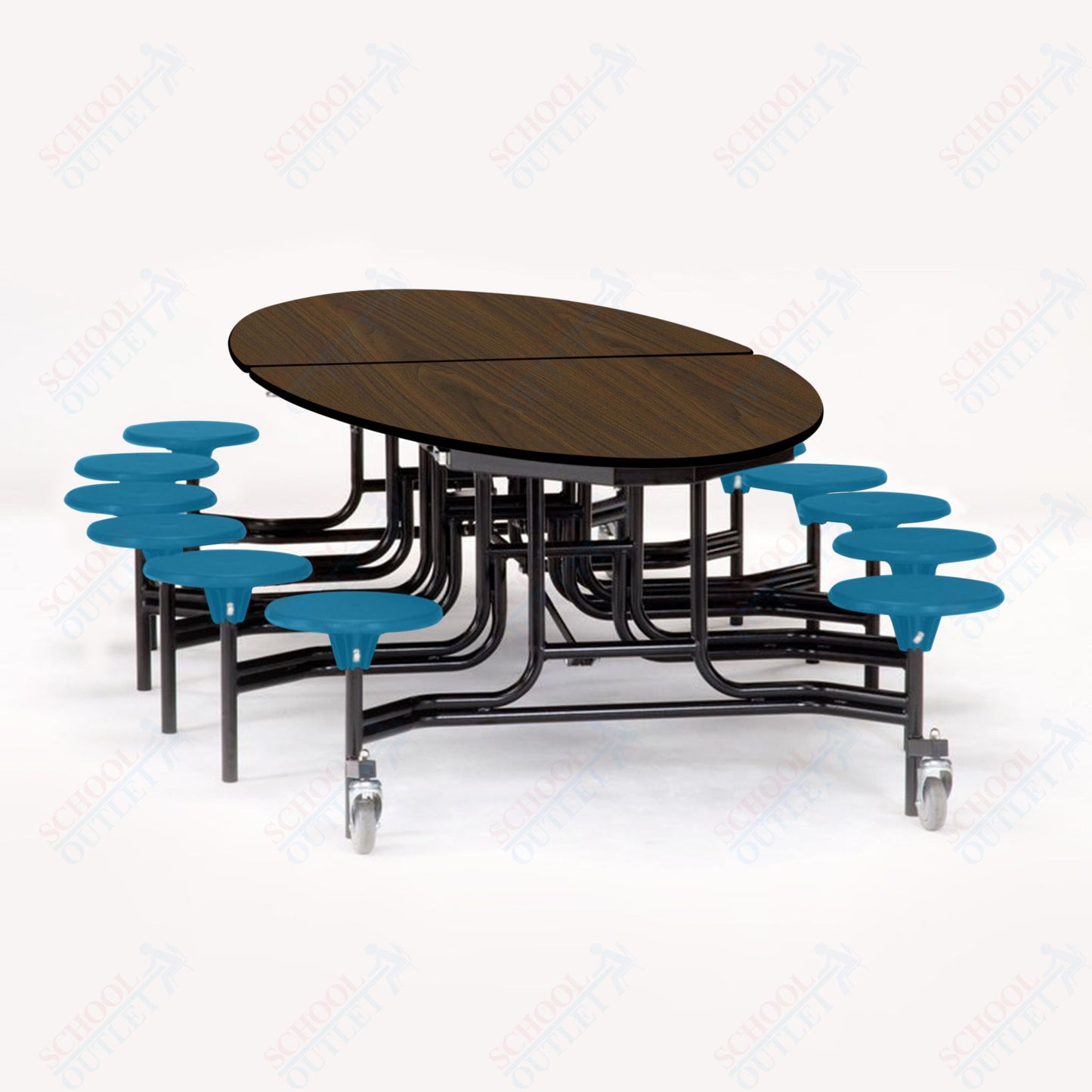 NPS 10' Elliptical Mobile Cafeteria Table - 12 Stools  - MDF Core - Protect Edge - Black Powdercoated Frame
