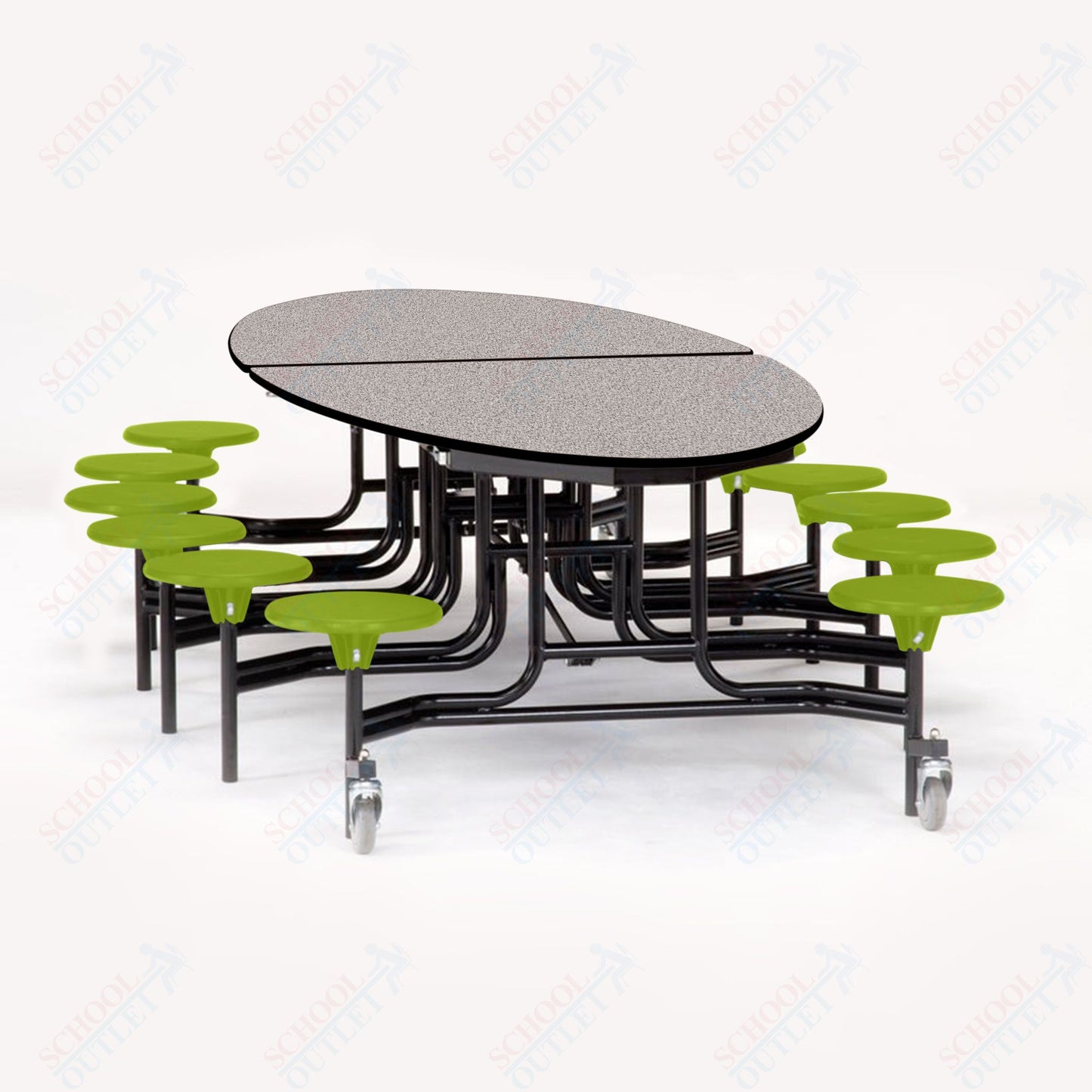 NPS 10' Elliptical Mobile Cafeteria Table - 12 Stools - Plywood Core - Protect Edge - Chrome Frame