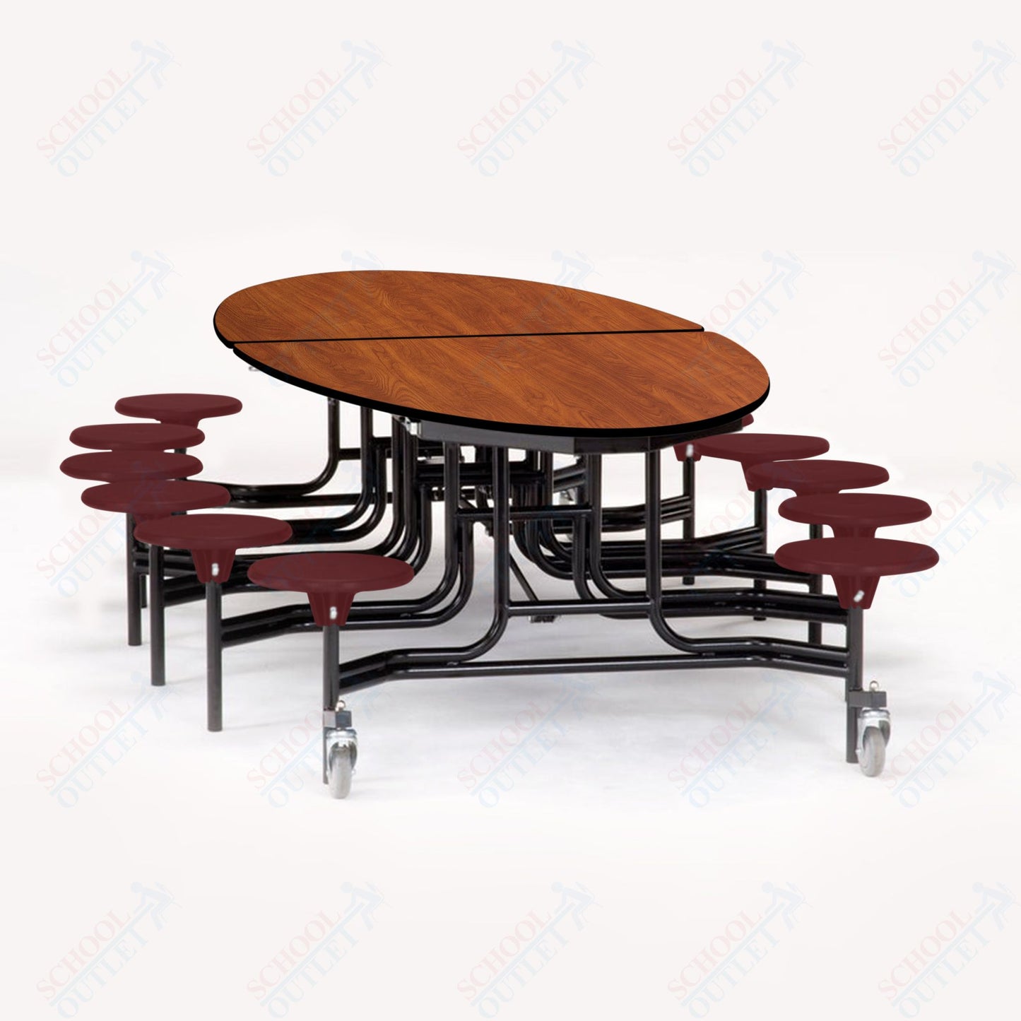 NPS 10' Elliptical Mobile Cafeteria Table - 12 Stools - Plywood Core - Protect Edge - Black Powdercoated Frame