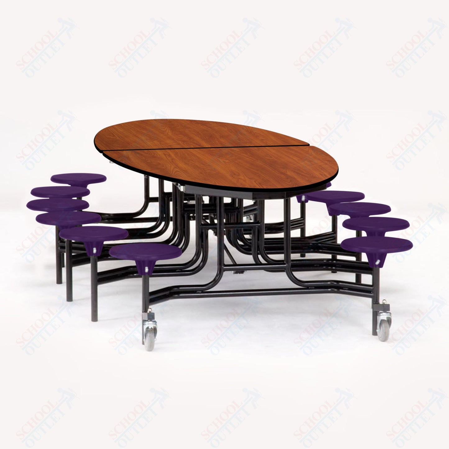 NPS 10' Elliptical Mobile Cafeteria Table - 12 Stools - Plywood Core - Protect Edge - Black Powdercoated Frame