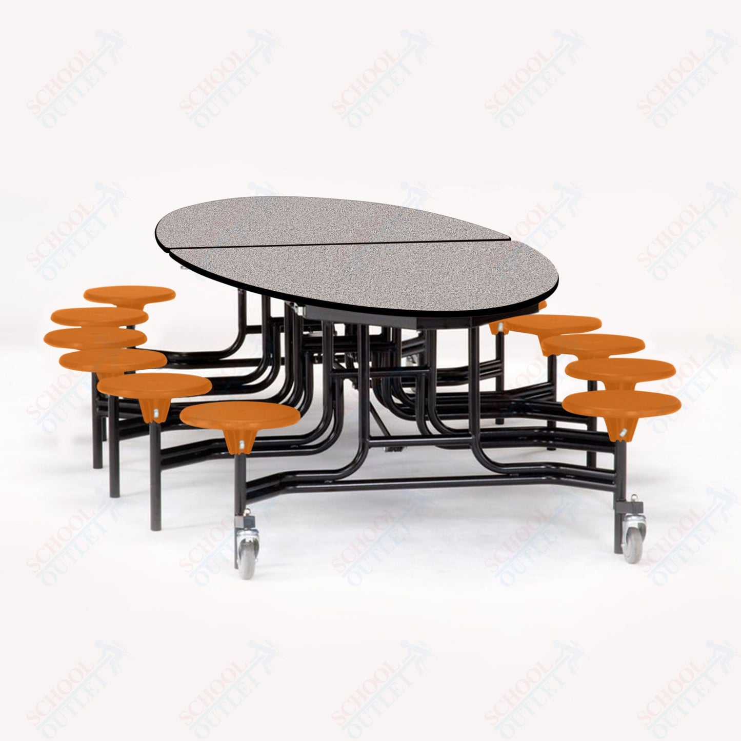 NPS 10' Elliptical Mobile Cafeteria Table - 12 Stools - Plywood Core - Protect Edge - Black Powdercoated Frame