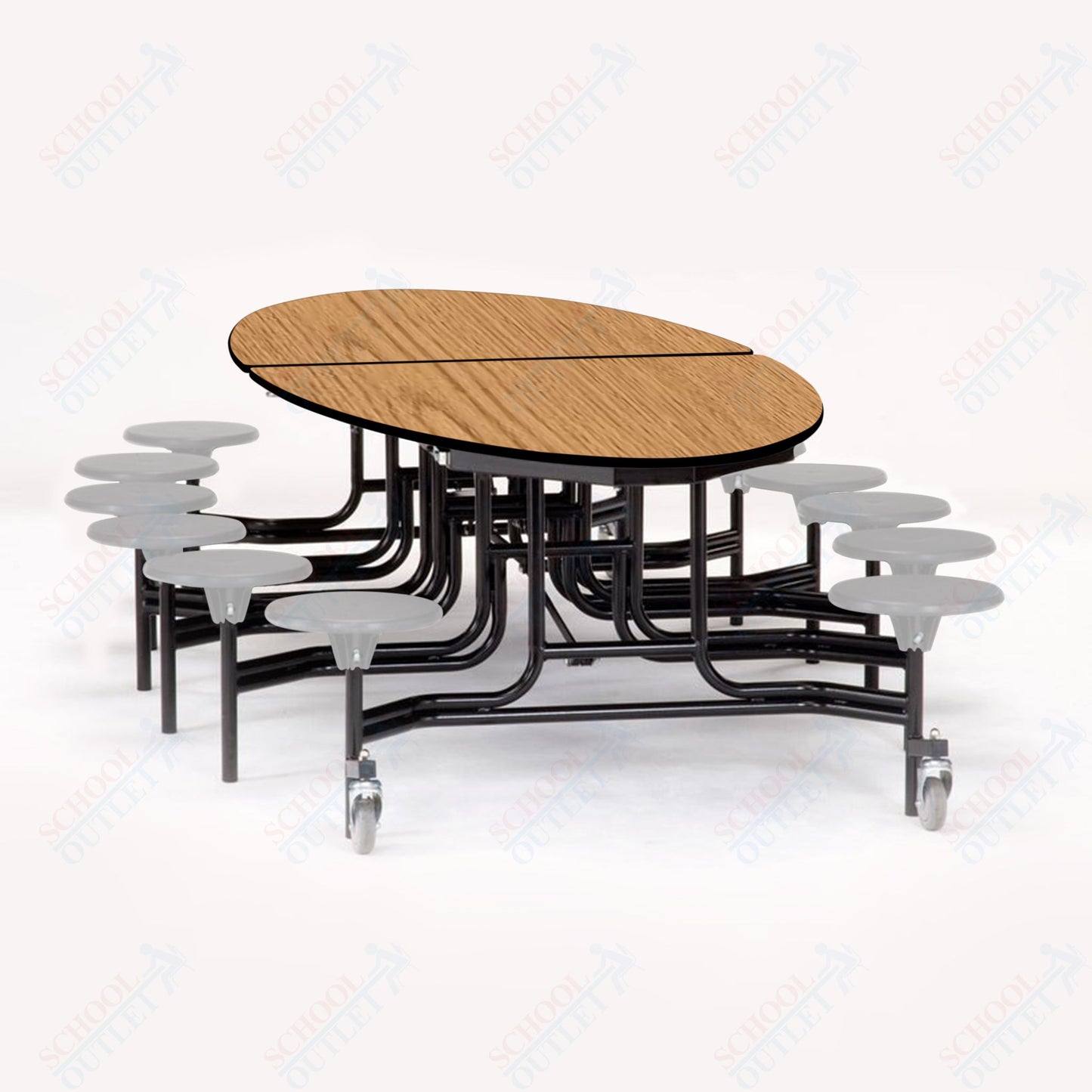 NPS 10' Elliptical Mobile Cafeteria Table - 12 Stools - Plywood Core - Protect Edge - Black Powdercoated Frame