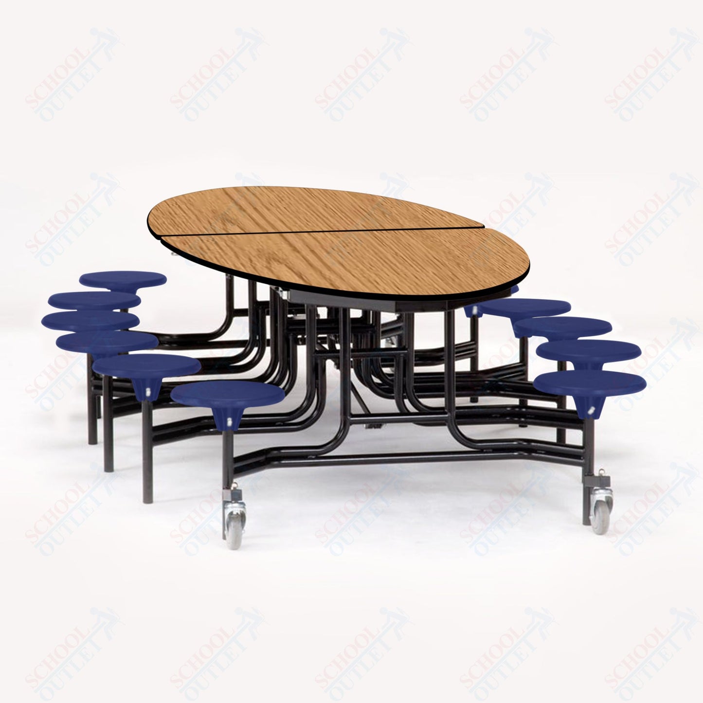 NPS 10' Elliptical Mobile Cafeteria Table - 12 Stools - Plywood Core - Protect Edge - Black Powdercoated Frame