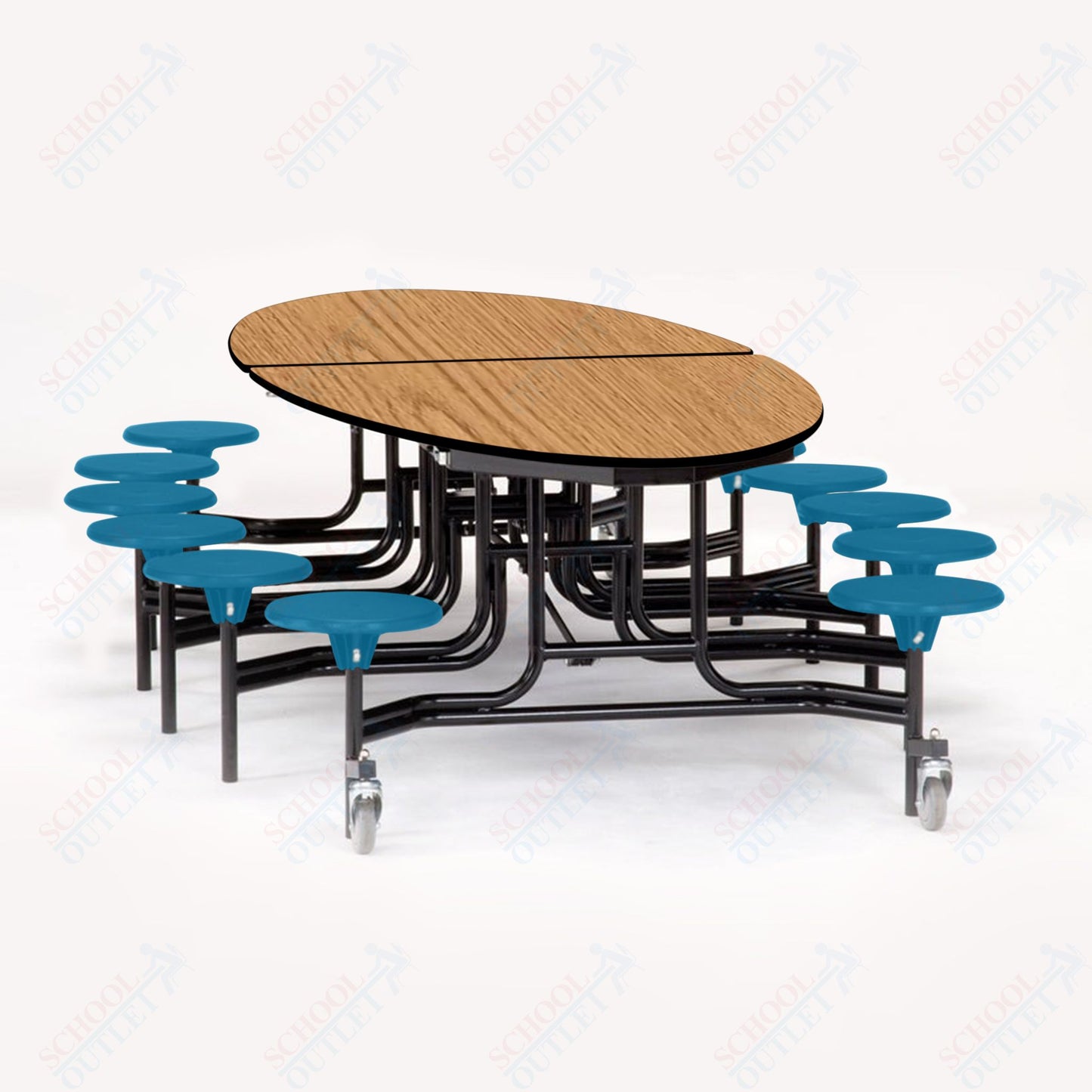 NPS 10' Elliptical Mobile Cafeteria Table - 12 Stools - Plywood Core - Protect Edge - Black Powdercoated Frame