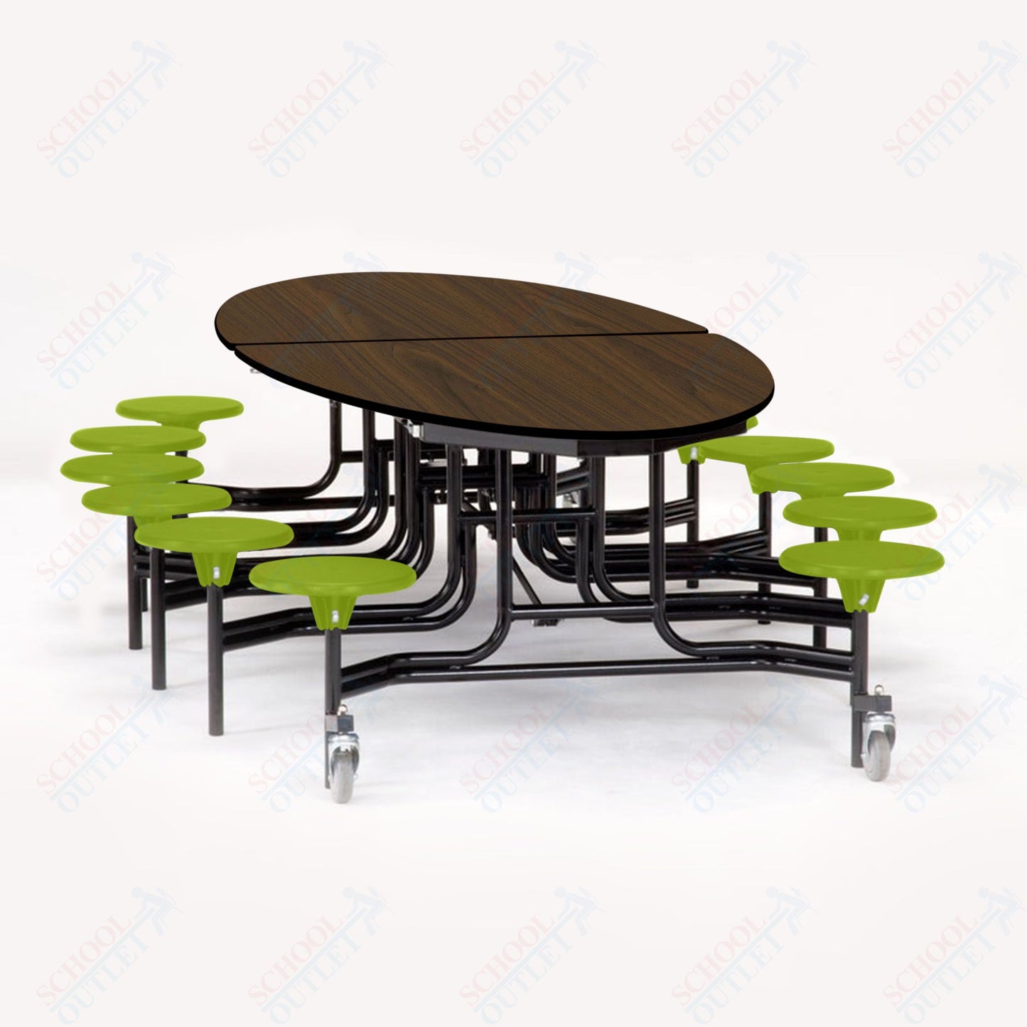 NPS 10' Elliptical Mobile Cafeteria Table - 12 Stools - Plywood Core - Protect Edge - Black Powdercoated Frame