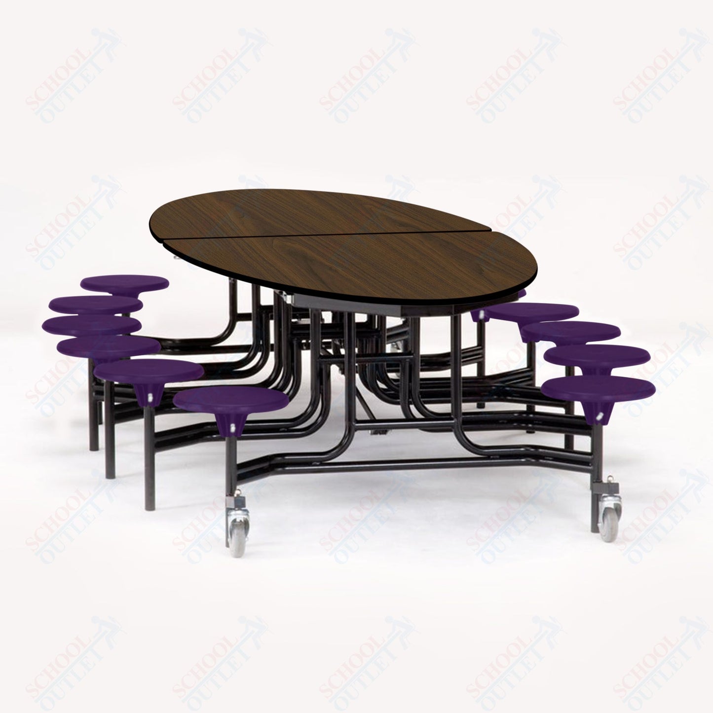 NPS 10' Elliptical Mobile Cafeteria Table - 12 Stools - Plywood Core - Protect Edge - Black Powdercoated Frame