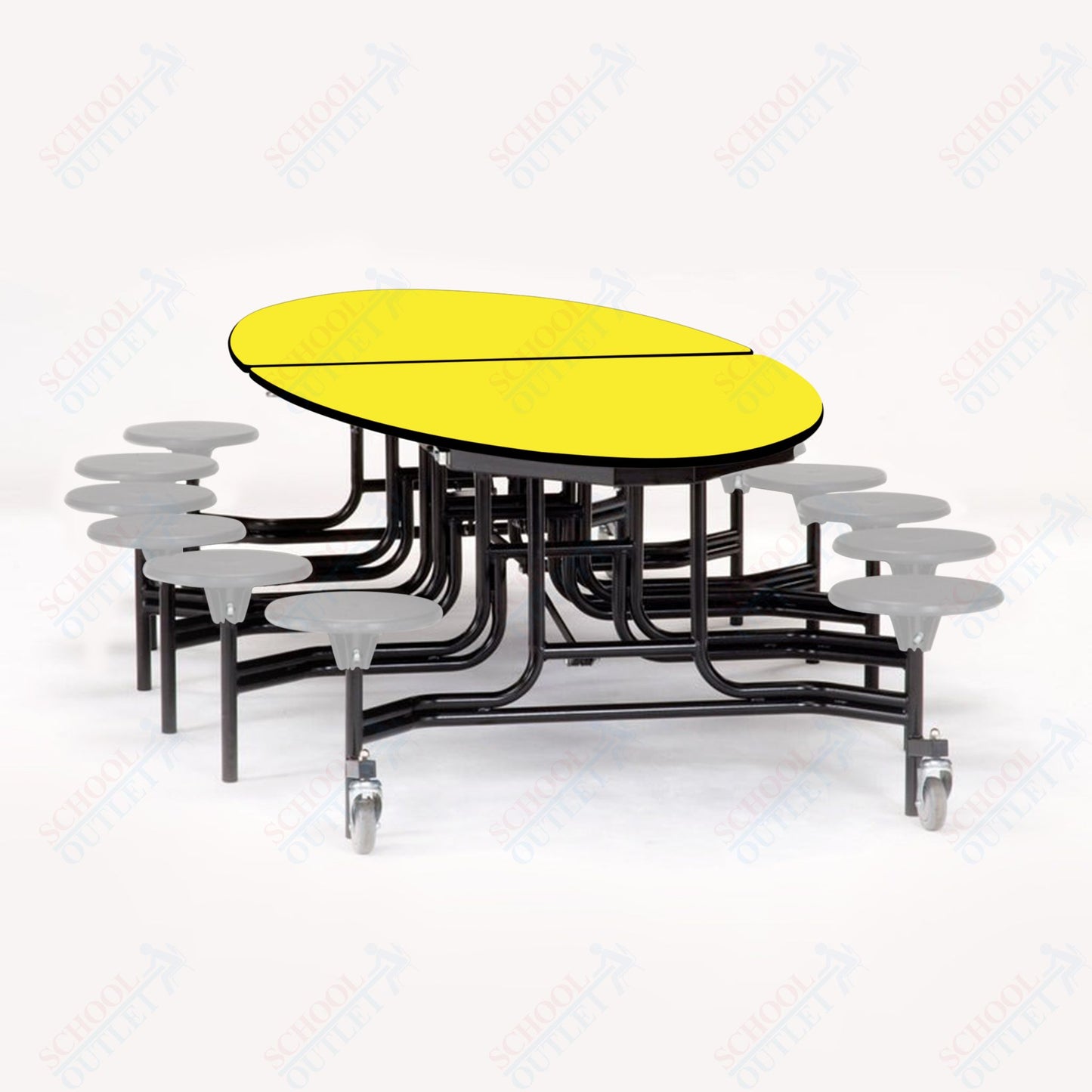NPS 10' Elliptical Mobile Cafeteria Table - 12 Stools - Plywood Core - Protect Edge - Black Powdercoated Frame