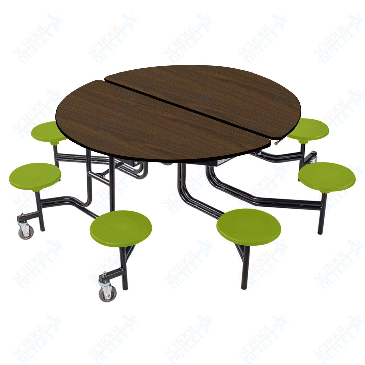 NPS 60" Round Mobile Cafeteria Table - 8 Stools - Particleboard Core - T-Molding Edge - Black Powdercoated Frame