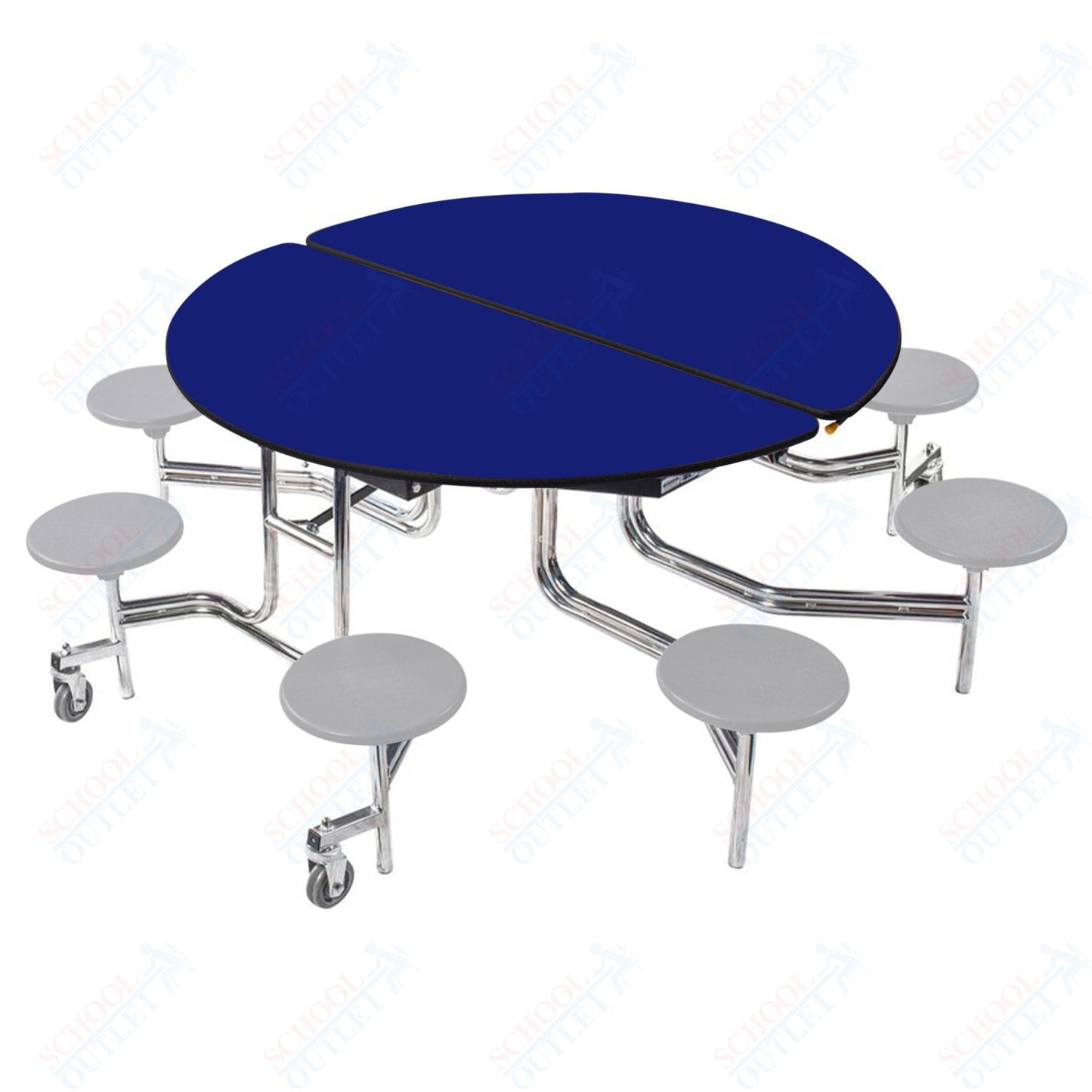 NPS 60" Round Mobile Cafeteria Table - 8 Stools - Plywood Core - Protect Edge - Chrome Frame