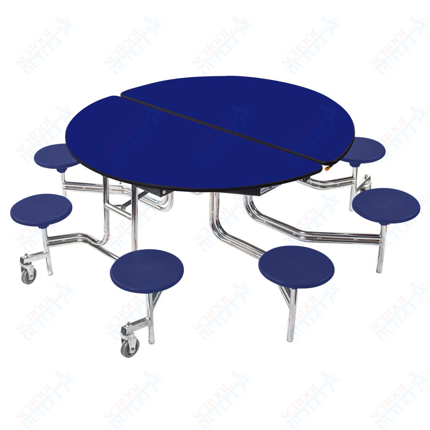 NPS 60" Round Mobile Cafeteria Table - 8 Stools - Plywood Core - Protect Edge - Chrome Frame