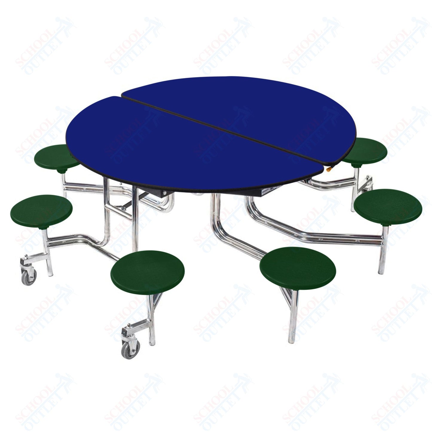 NPS 60" Round Mobile Cafeteria Table - 8 Stools - Plywood Core - Protect Edge - Chrome Frame
