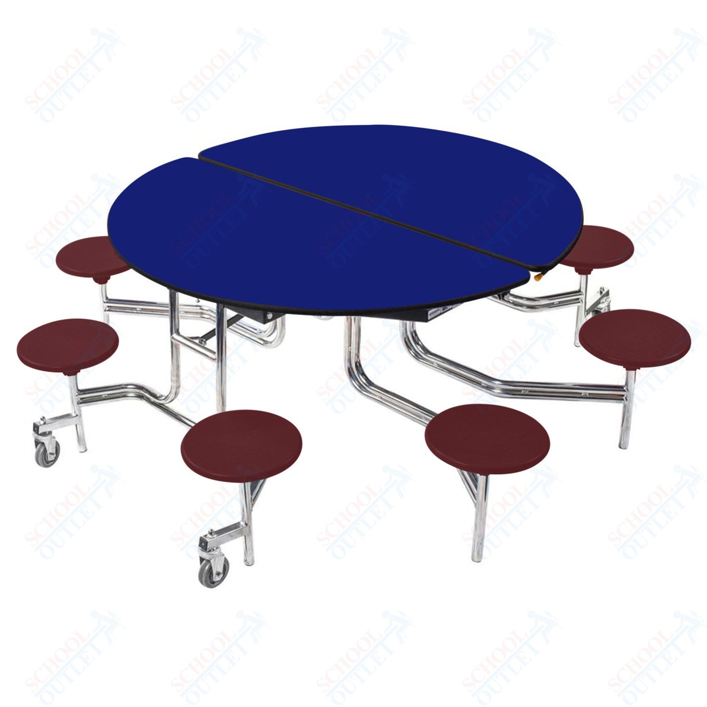 NPS 60" Round Mobile Cafeteria Table - 8 Stools - Plywood Core - Protect Edge - Chrome Frame
