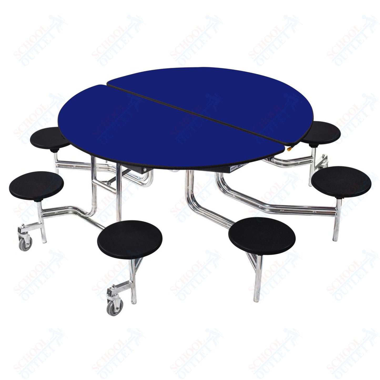 NPS 60" Round Mobile Cafeteria Table - 8 Stools - Plywood Core - Protect Edge - Chrome Frame