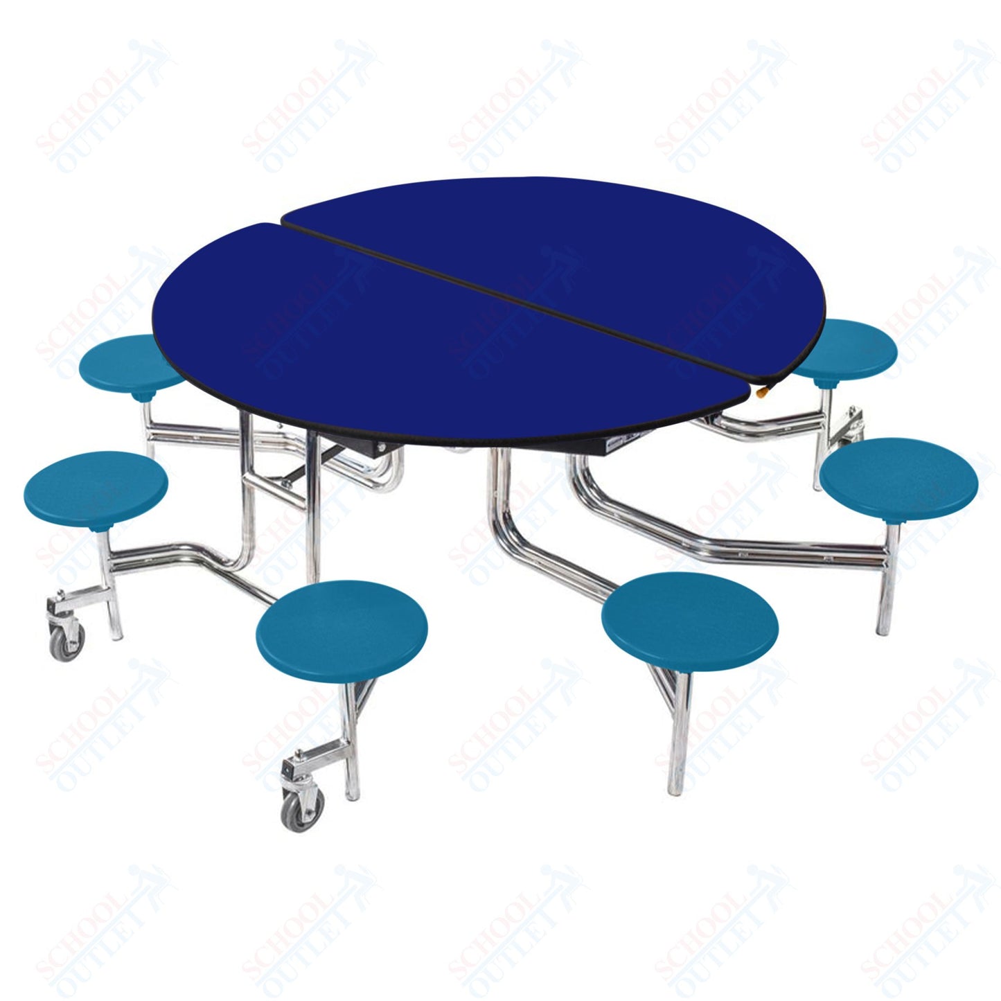 NPS 60" Round Mobile Cafeteria Table - 8 Stools - Plywood Core - Protect Edge - Chrome Frame