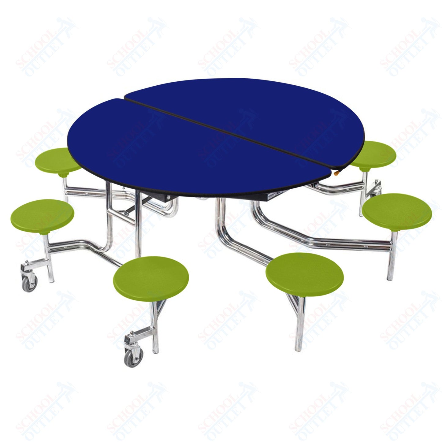 NPS 60" Round Mobile Cafeteria Table - 8 Stools - Plywood Core - Protect Edge - Chrome Frame
