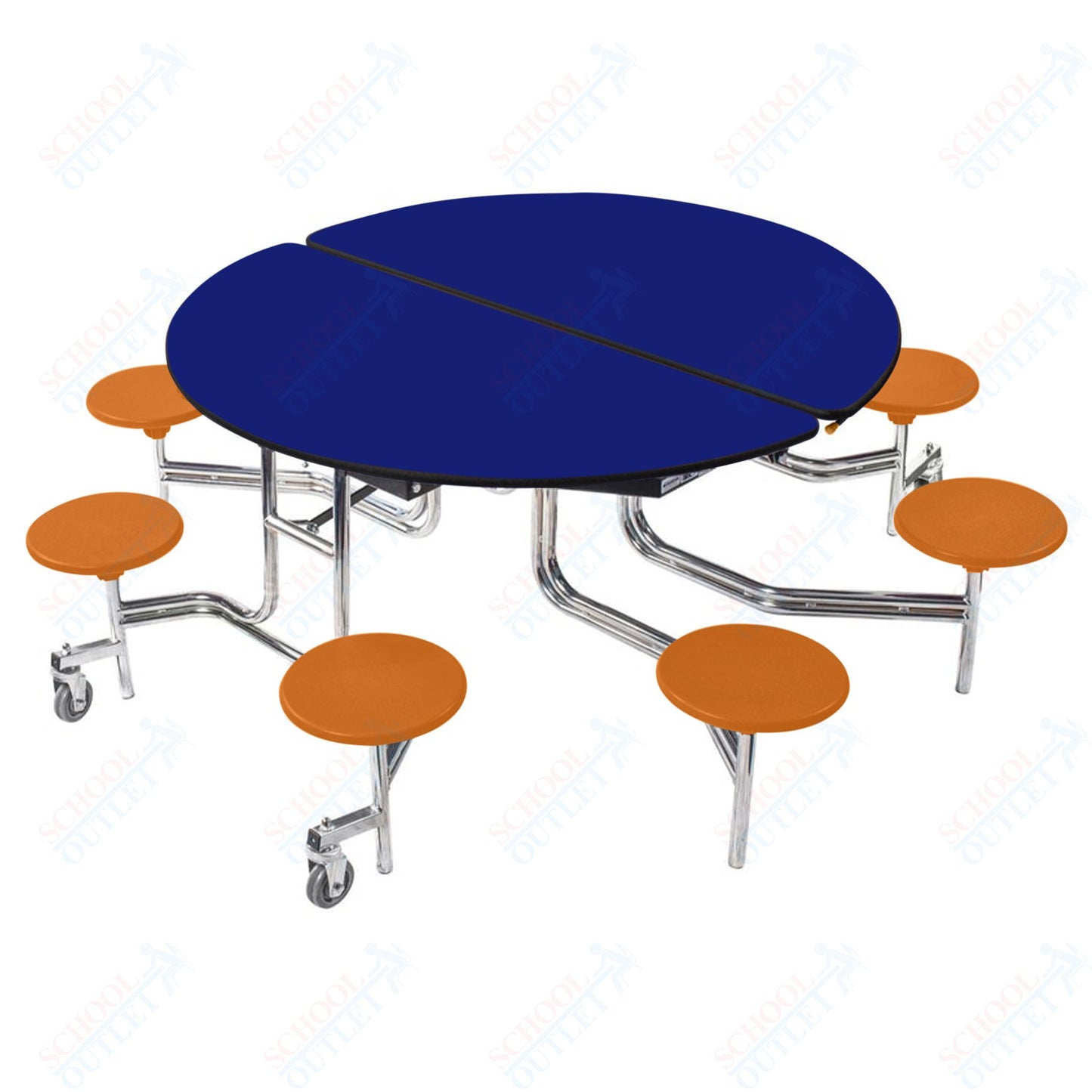 NPS 60" Round Mobile Cafeteria Table - 8 Stools - Plywood Core - Protect Edge - Chrome Frame